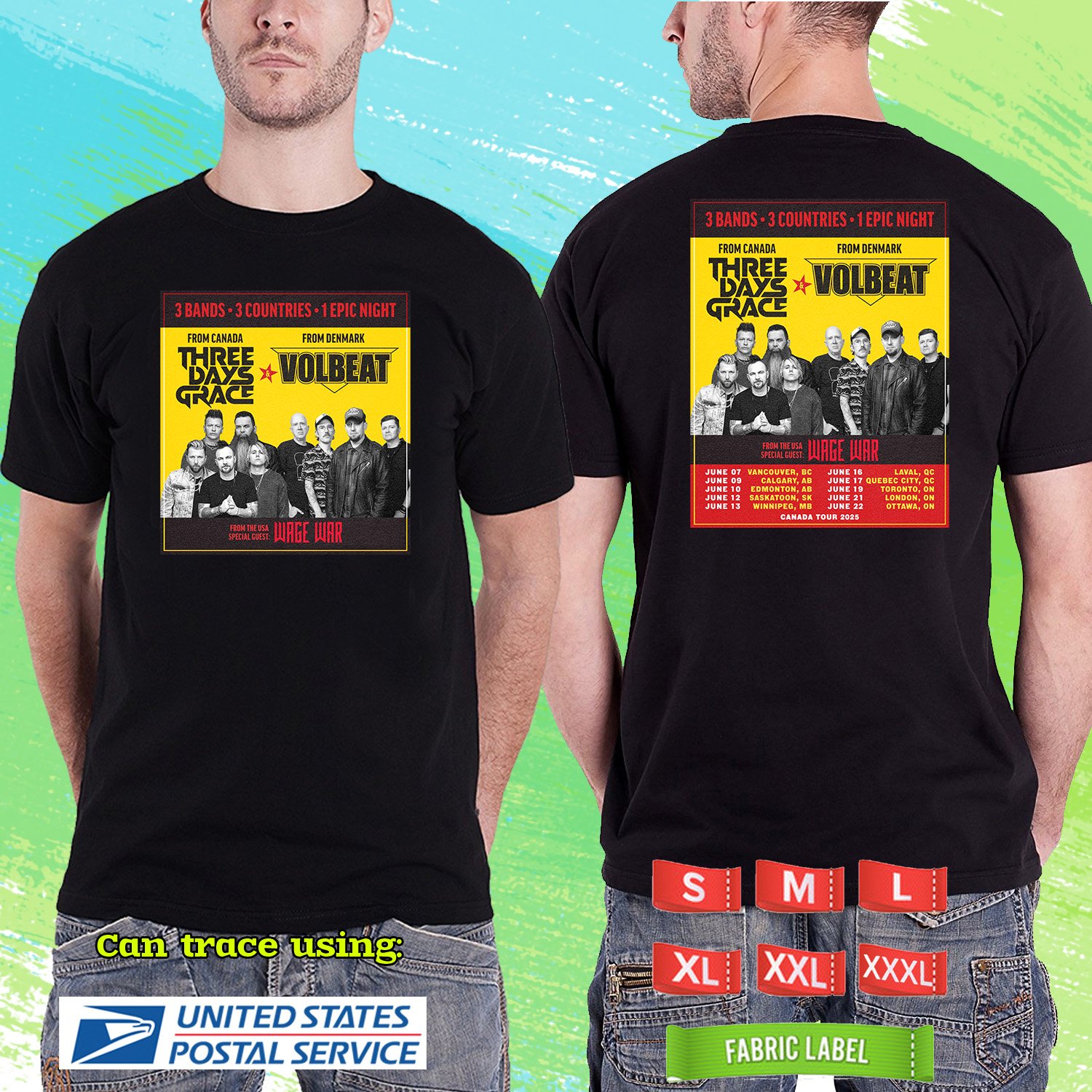 THREE DAYS GRACE CO-HEAD VOLTBEAT TOUR 2025. VOLTBEAT . BLACK TSHIRT UNISEX RDF01
