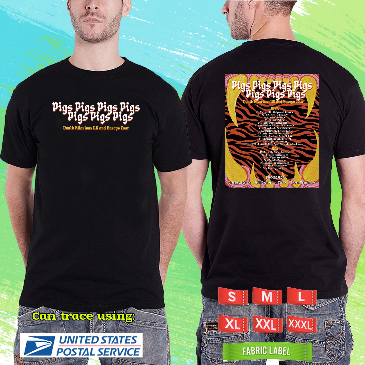 PIGS PIGS PIGS PIGS PIGS PIGS PIGS UK EU TOUR 2025. DEATH HILARIOUS. BLACK TSHIRT UNISEX RDF01