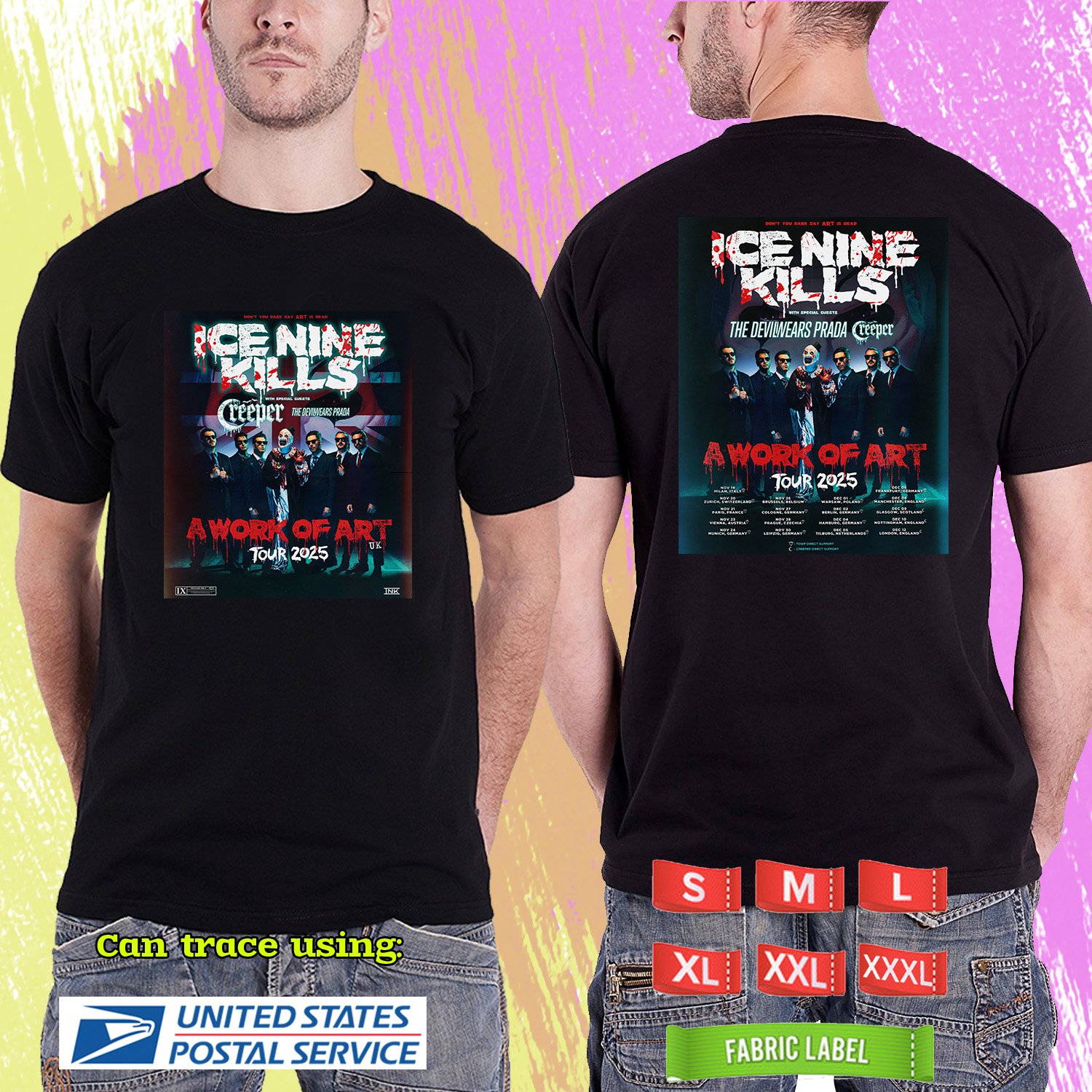 ICE NINE KILLS A WORK OF ART UK EUROPE TOUR 2025. ICE NINE KILLS. BLACK TSHIRT UNISEX RDF01