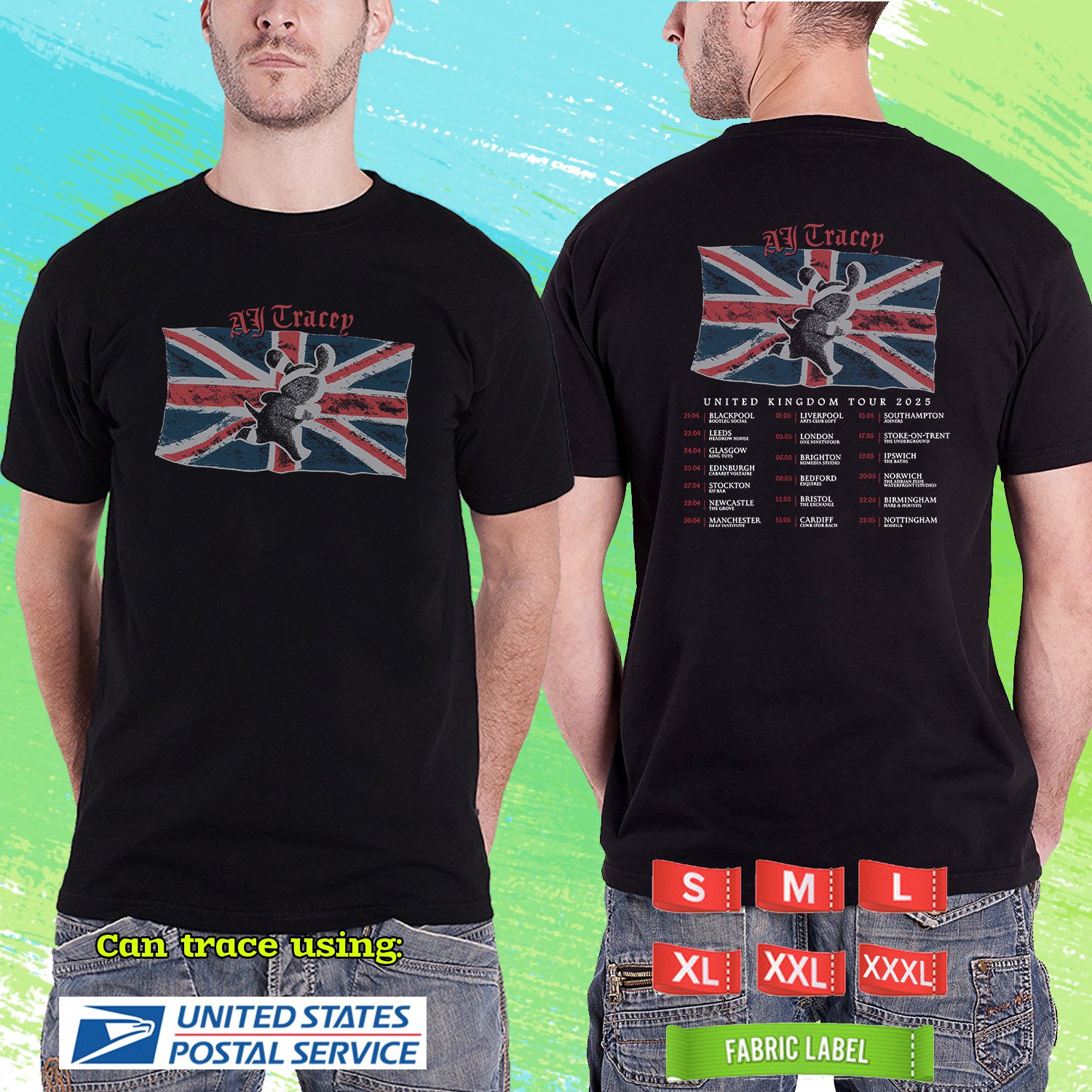 AJ TRACEY NOT EVEN UNITED KINGDOM TOUR 2025. AJ TRACEY. BLACK TSHIRT UNISEX RDF01