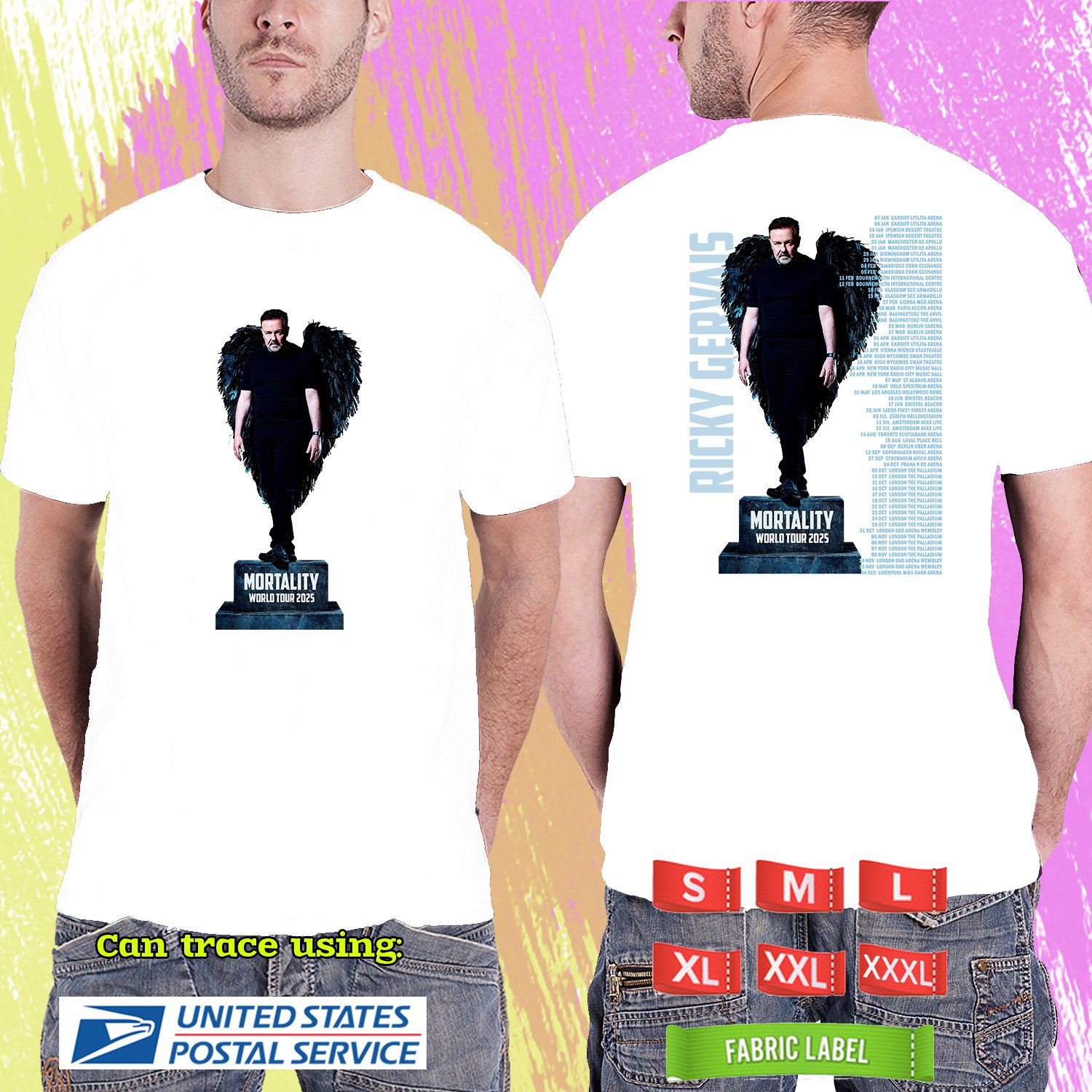 RICKY GERVAIS MORTALITY UNITED KINGDOM EU TOUR 2025. RICKY GERVAIS. WHITE TSHIRT UNISEX RDF01