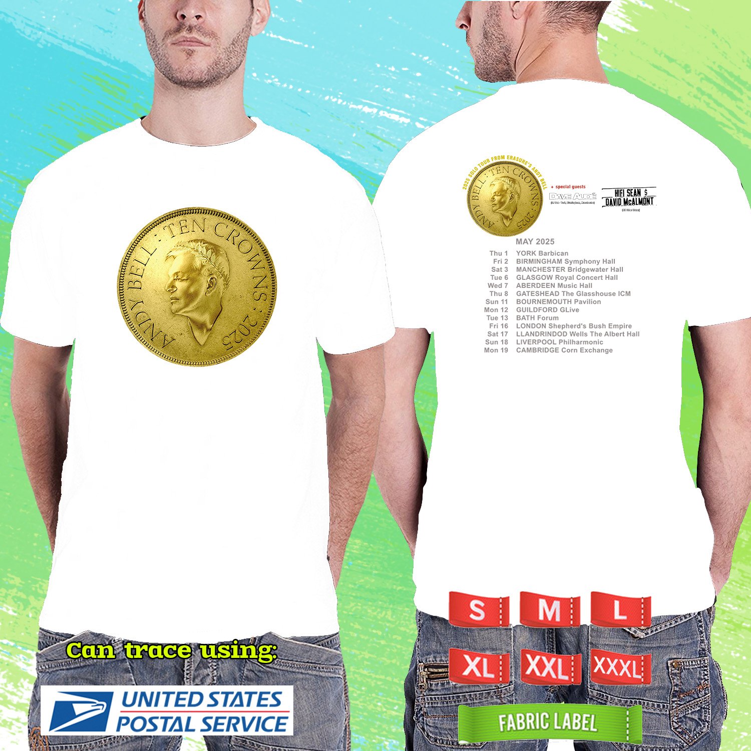 ANDY BELL SOLO TOUR FROM ERASURE UNITED KINGDOM TOUR 2025. ANDY BELL. WHITE TSHIRT UNISEX RDF01