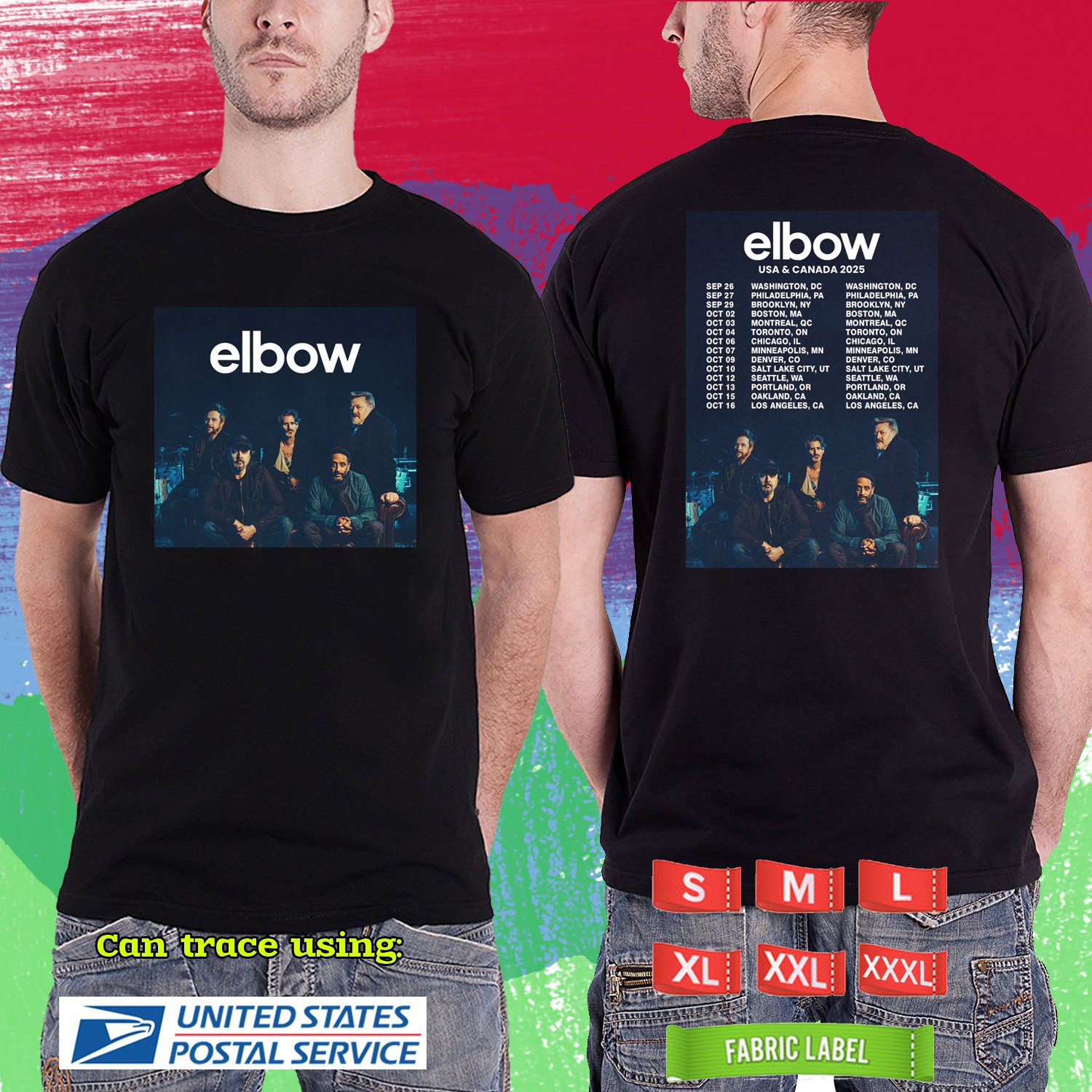 ELBOW SUMMER NORTH AMERICAN TOUR 2025. ELBOW. BLACK TSHIRT UNISEX RDF01
