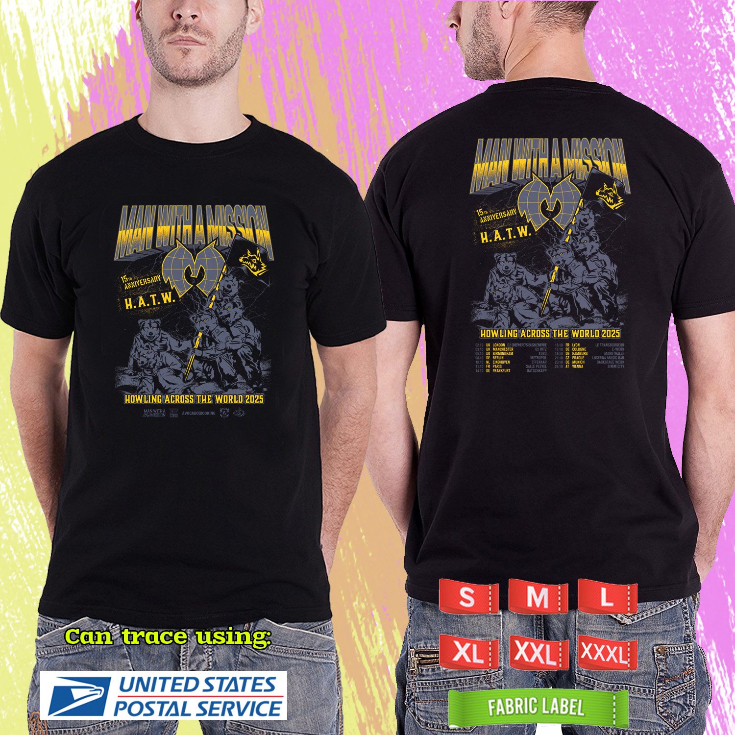 MAN WITH MISSION HOWLING ACROSS THE WORLD TOUR 2025. MAN WITH MISSION. BLACK TSHIRT UNISEX RDF01