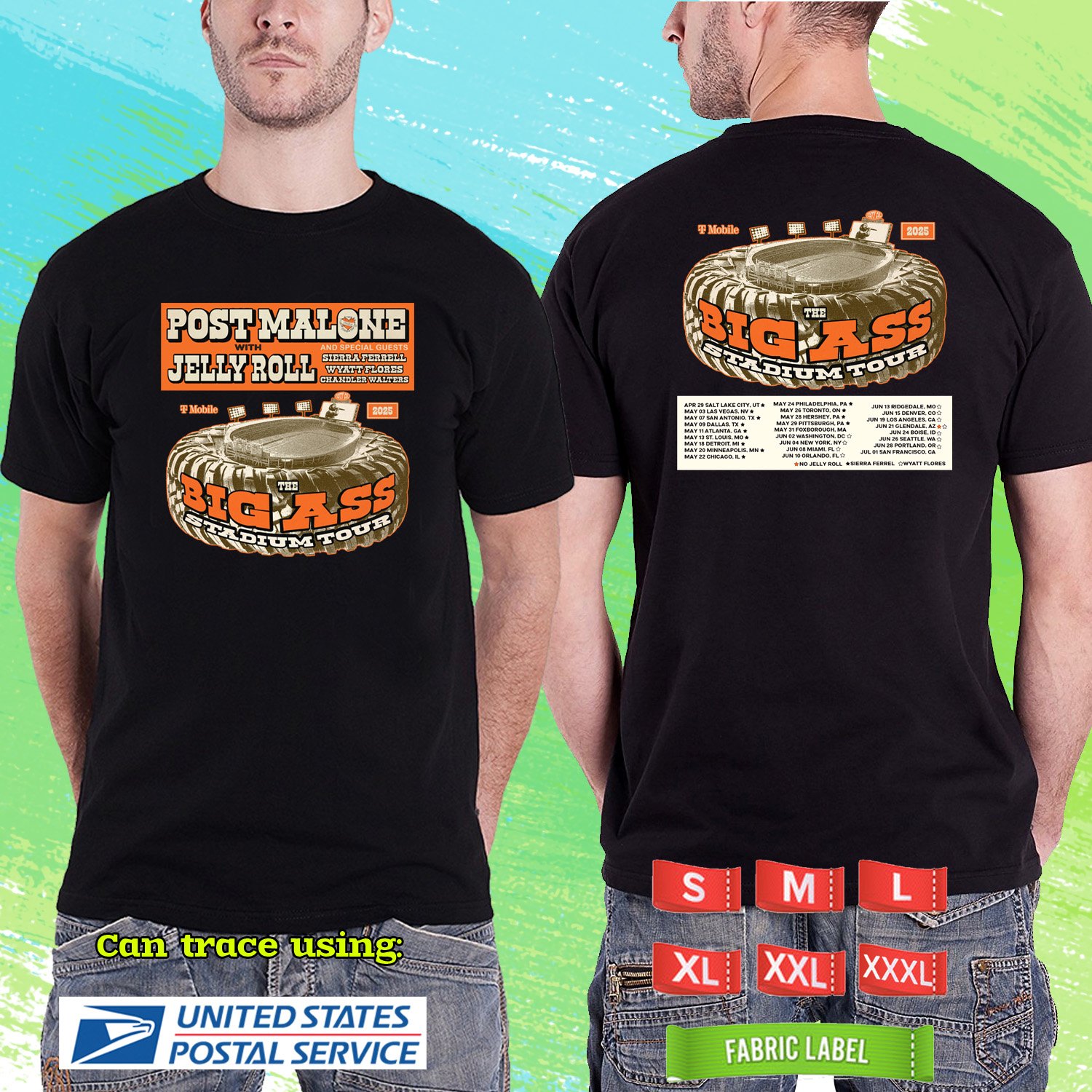 POST MALONE JELLY ROLL BIG ASS STADIUM USA TOUR 2025. POST MALONE. BLACK TSHIRT UNISEX RDF01