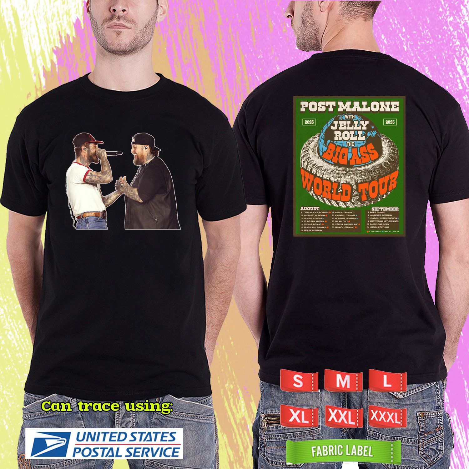 POST MALONE JELLY ROLL BIG ASS STADIUM EU TOUR 2025. POST MALONE. BLACK TSHIRT UNISEX RDF01