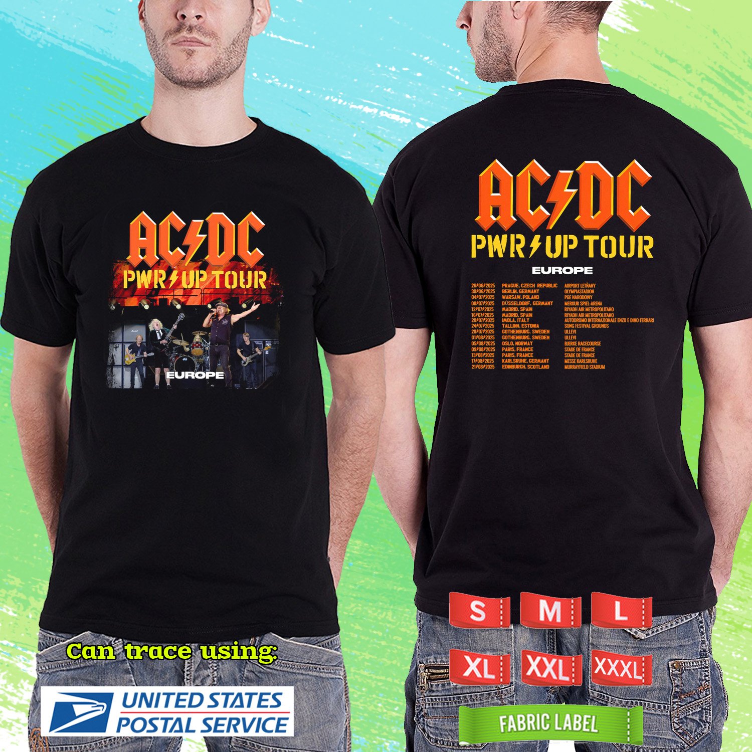 ACDC PWRUP EUROPE TOUR 2025. ACDC. BLACK TSHIRT UNISEX RDF01