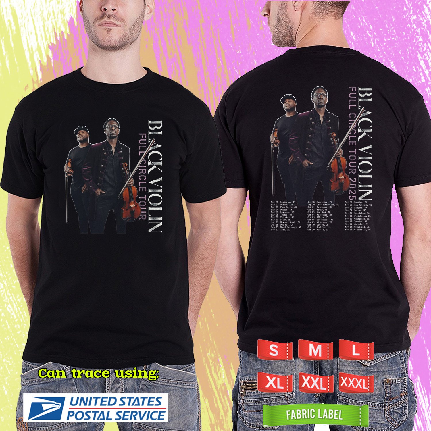 BLACK VIOLIN FULL CIRCLE USA TOUR 2025. BLACK VIOLIN. BLACK TSHIRT UNISEX RDF01