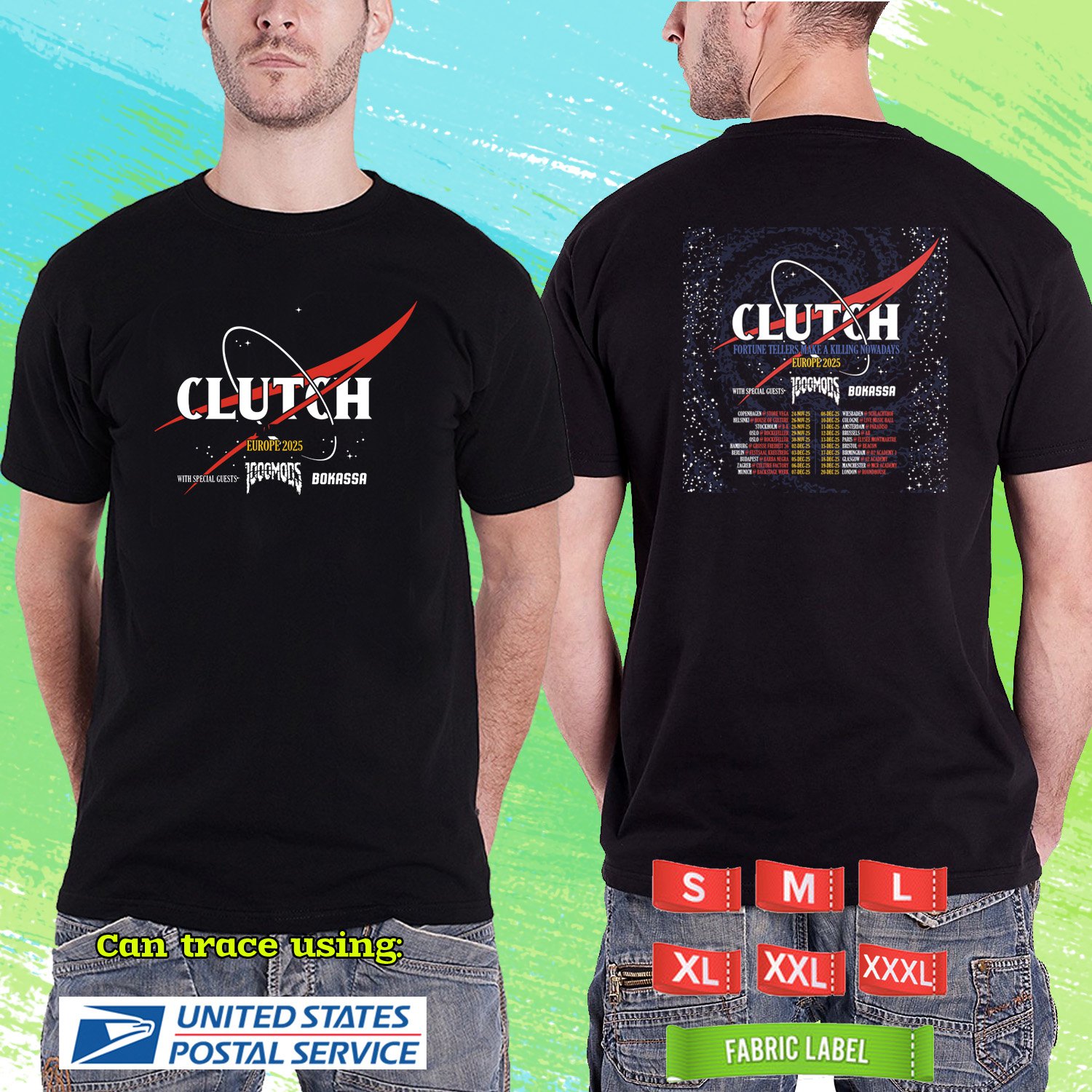 CLUTCH FORTUNE TELLERS MAKE KILLING NOWDAYS EU TOUR 2025. CLUTCH. BLACK TSHIRT UNISEX RDF01