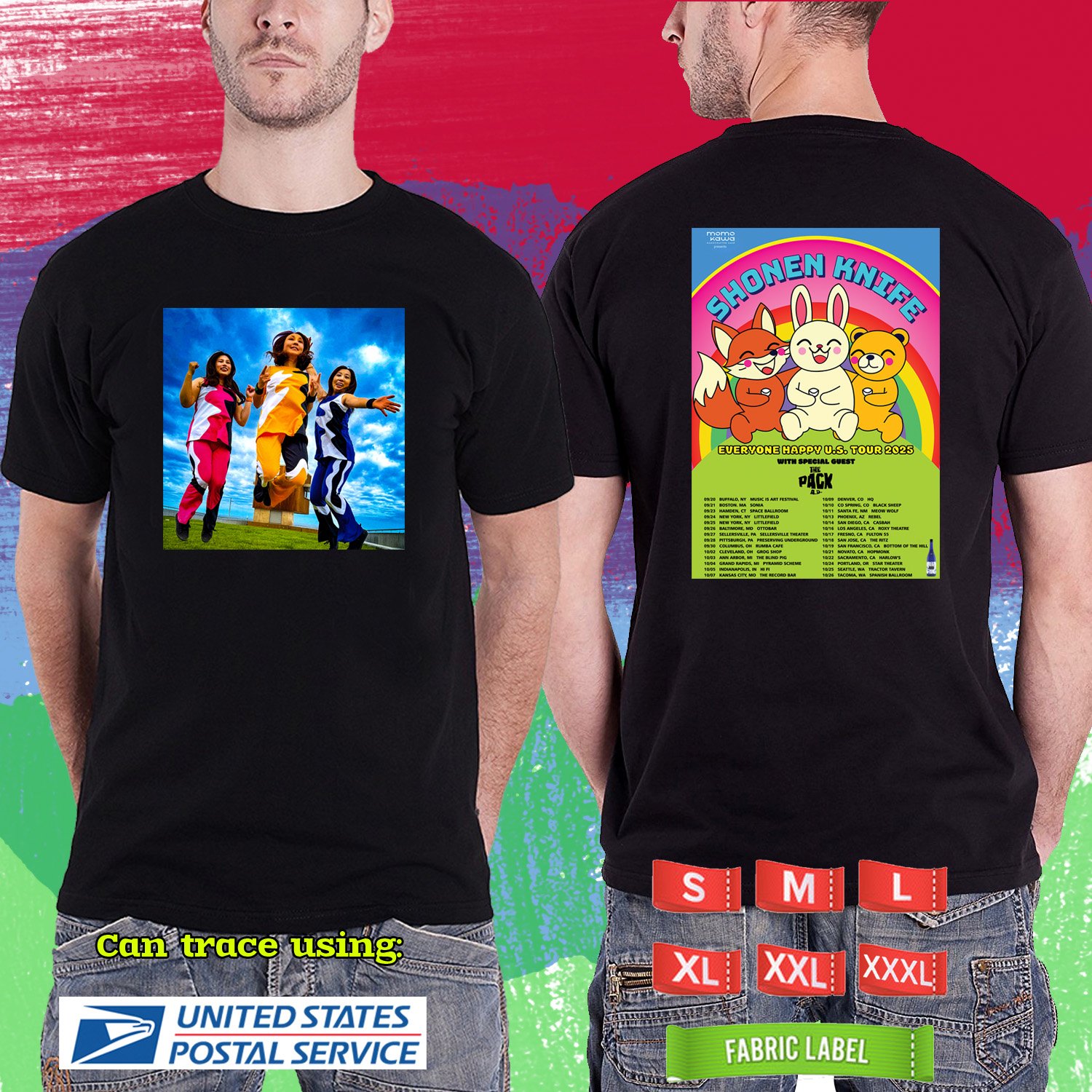 SHONEN KNIFE EVERYONE HAPPY US TOUR 2025. SHONEN KNIFE. BLACK TSHIRT UNISEX RDF01