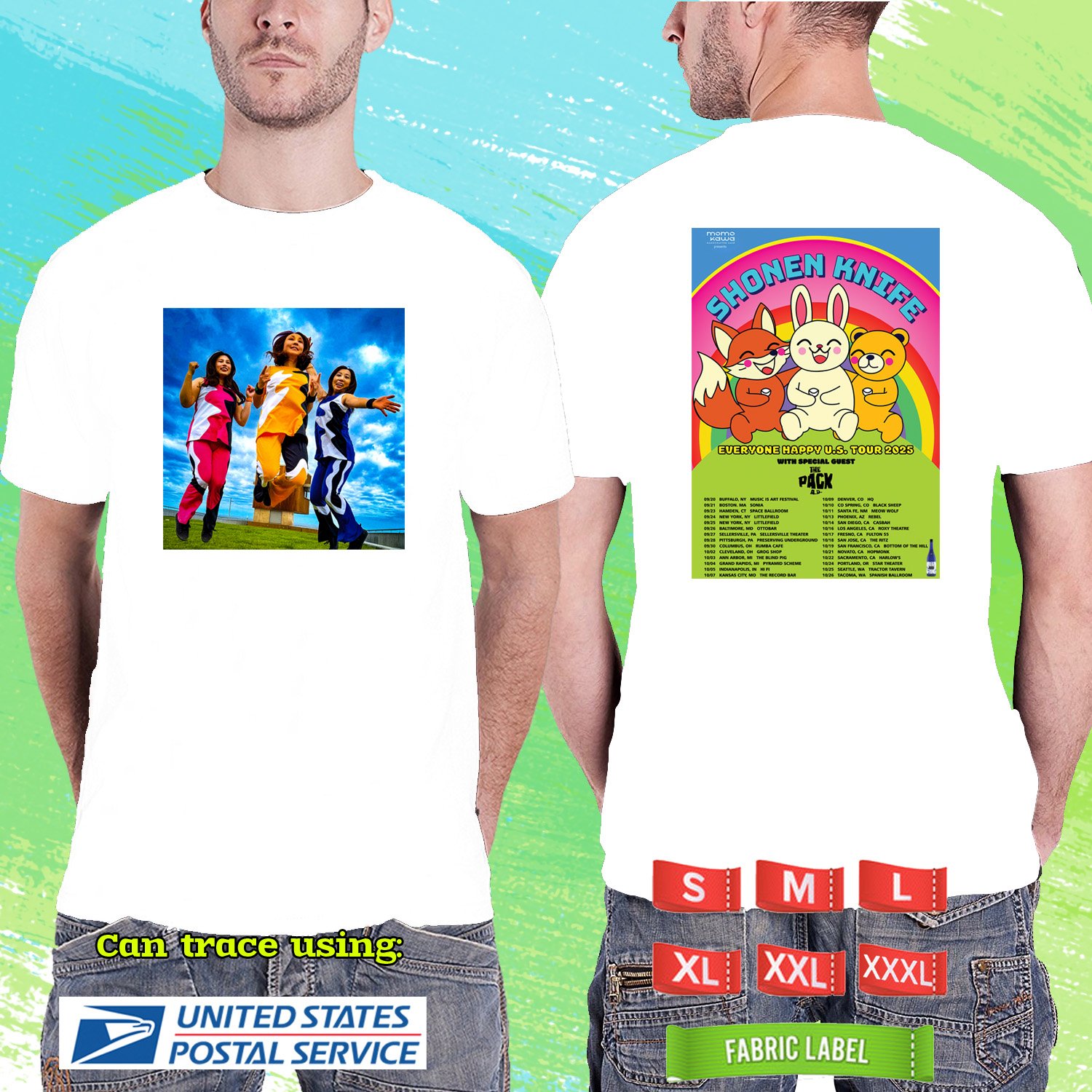 SHONEN KNIFE EVERYONE HAPPY US TOUR 2025. SHONEN KNIFE. WHITE TSHIRT UNISEX RDF01