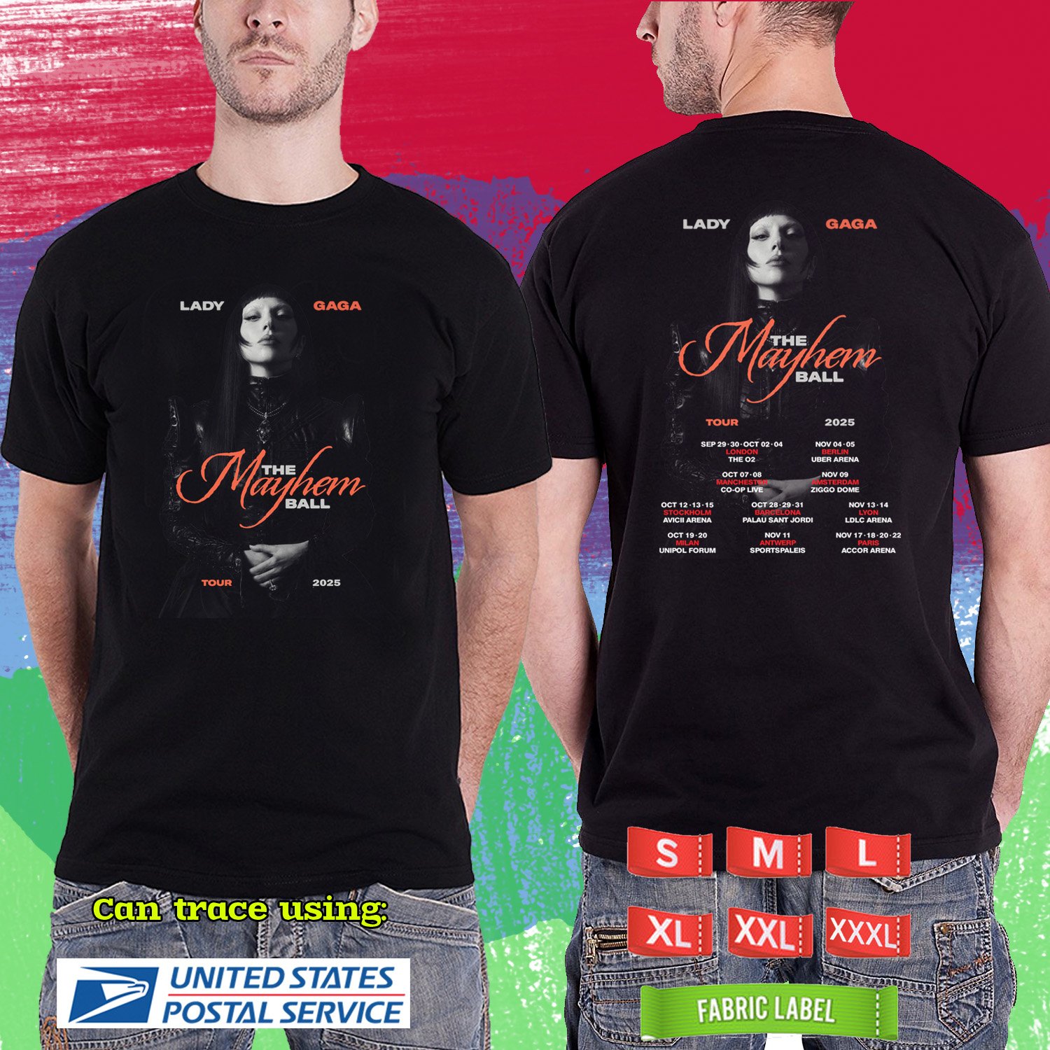LADY GAGA THE MAYHEM BALL EUROPE UK TOUR 2025. LADY GAGA. BLACK TSHIRT UNISEX RDF01