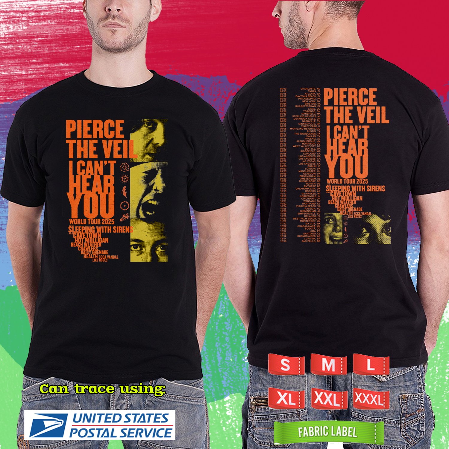 PIERCE THE VEIL I CANT HEAR YOU WORLD TOUR 2025. PIERCE THE VEIL. BLACK TSHIRT UNISEX RDF01