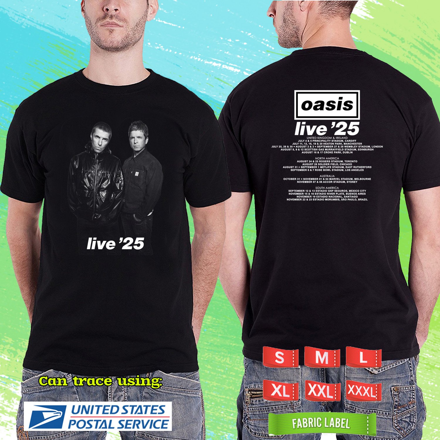 OASIS WORLD LIVE 2025. OASIS. BLACK TSHIRT UNISEX RDF01