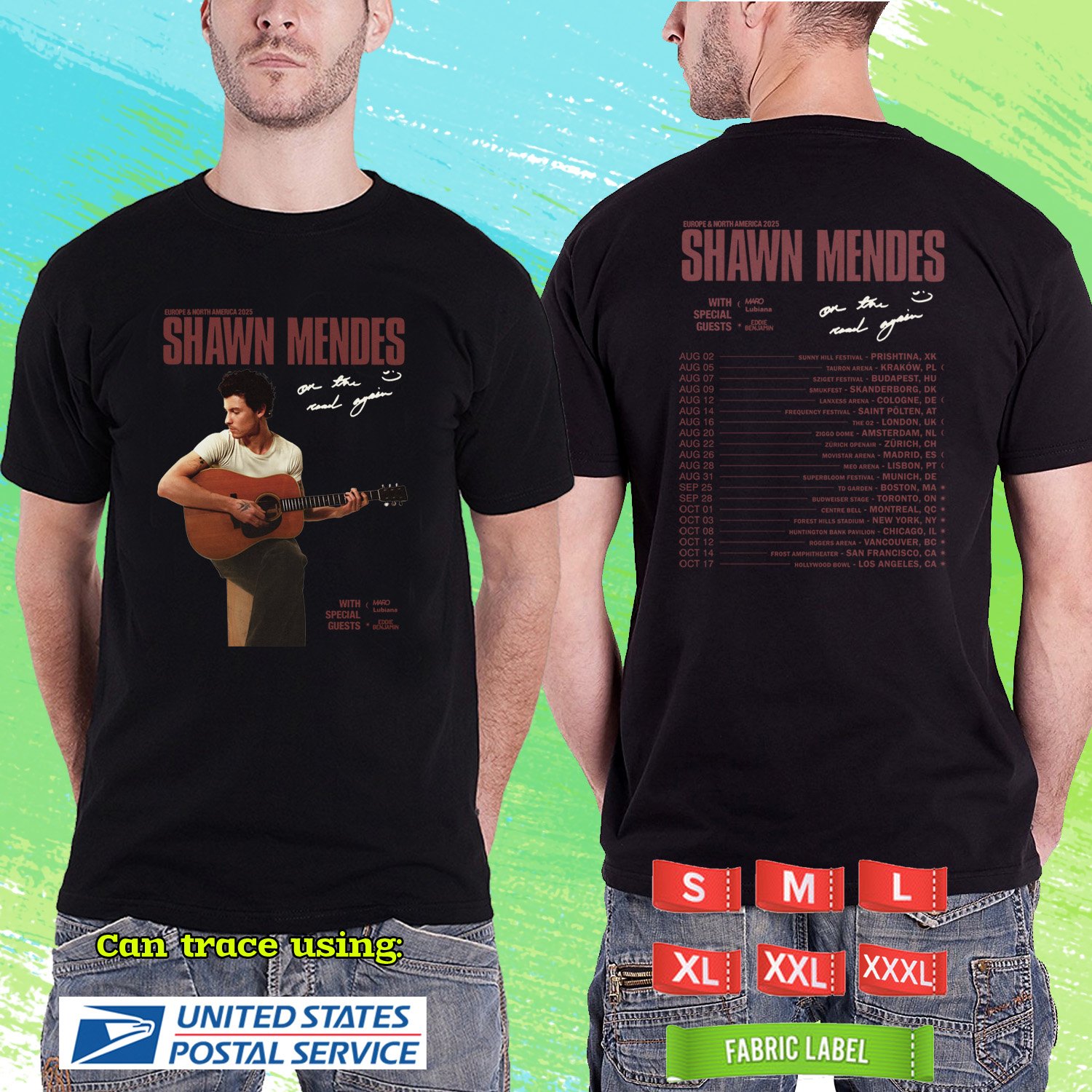 ON THE ROAD AGAIN SHAWN NORTH AMERICAN TOUR 2025. SHAWN. MENDES. BLACK TSHIRT UNISEX RDF01