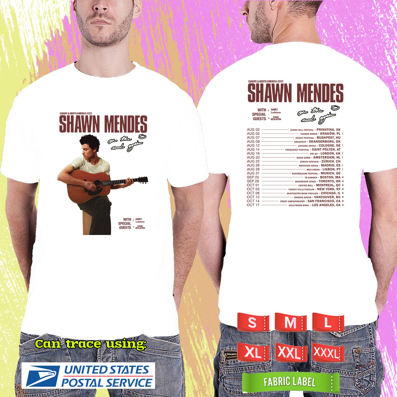 ON THE ROAD AGAIN SHAWN NORTH AMERICAN TOUR 2025. SHAWN. MENDES. WHITE TSHIRT UNISEX RDF01