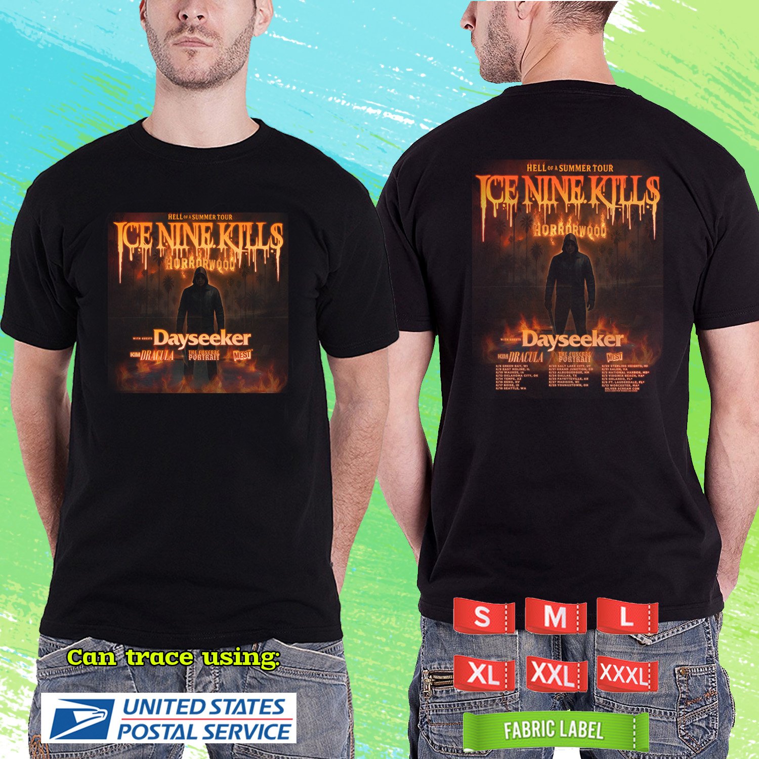 ICE NINE KILLS HELL OF A SUMMER USA TOUR 2025. ICE NINE KILLS. BLACK TSHIRT UNISEX RDF01