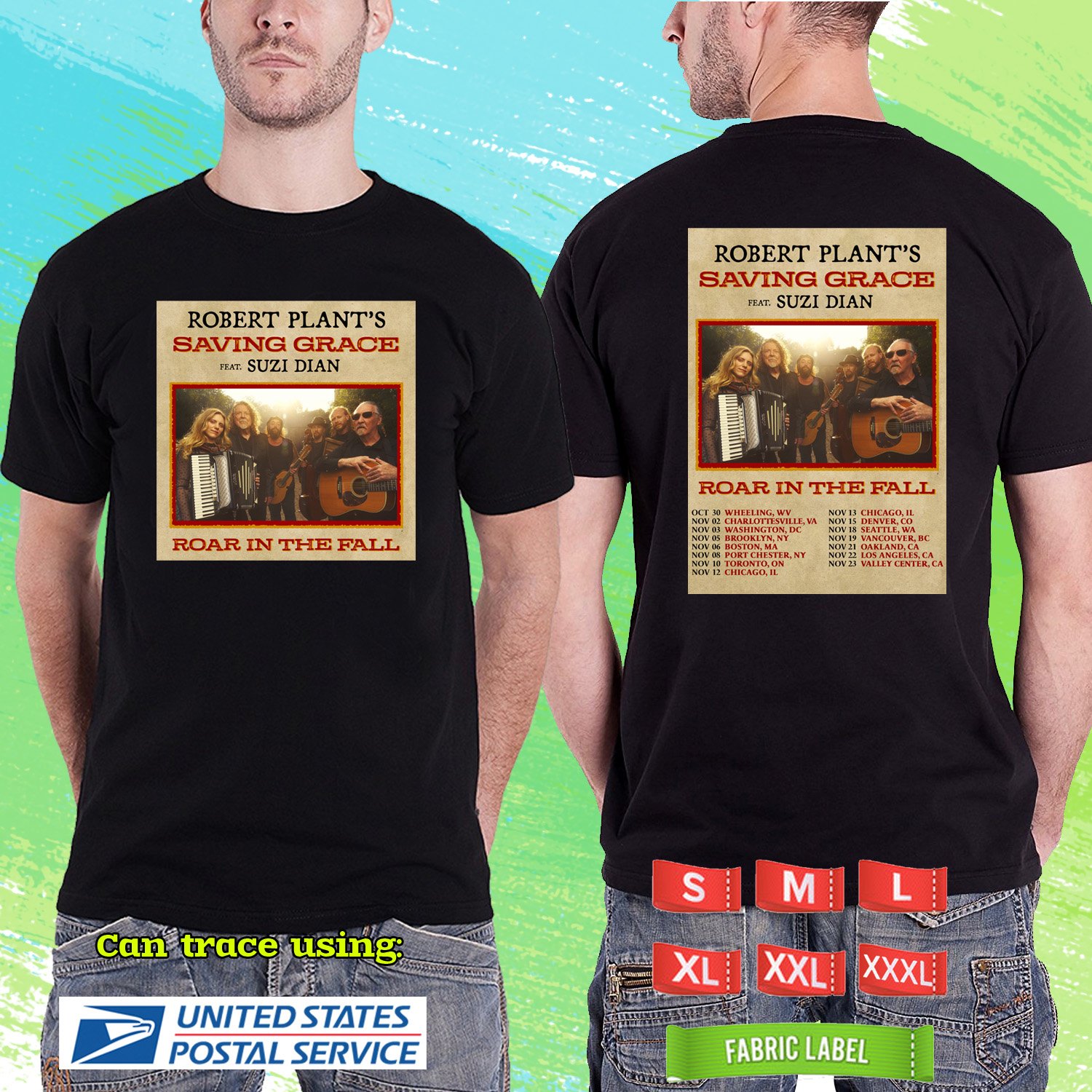 ROBERT PLANT ROAR IN THE FALL N.AMERICA TOUR 2025. ROBERT PLANT. BLACK TSHIRT UNISEX RDF01