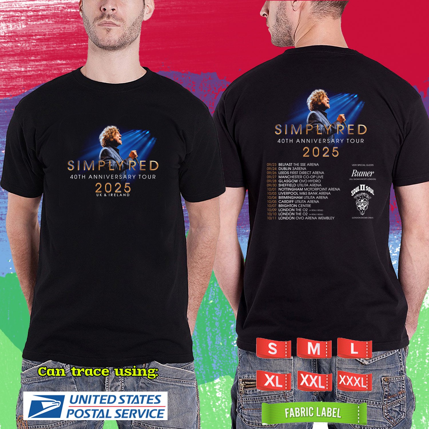 SIMPLY RED 40TH ANNIVERSARY U.KINGDOM TOUR 2025. SIMPLY RED. BLACK TSHIRT UNISEX RDF01