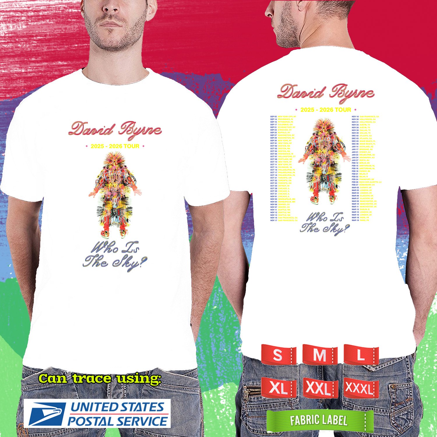 DAVID BYRNE WHO IS THE SKY WORLD TOUR 2025/2026. DAVID BYRNE. WHITE TSHIRT UNISEX RDF01