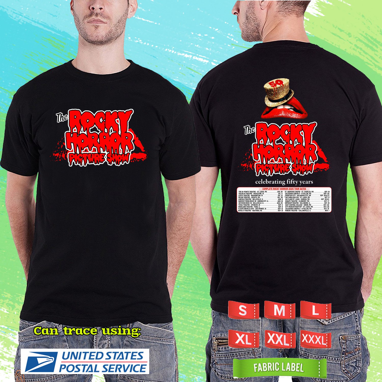 THE ROCKY HORROR PICTURE HOW 50TH ANNIV TOUR 2025. THE ROCKY HORROR. BLACK TSHIRT UNISEX RDF01