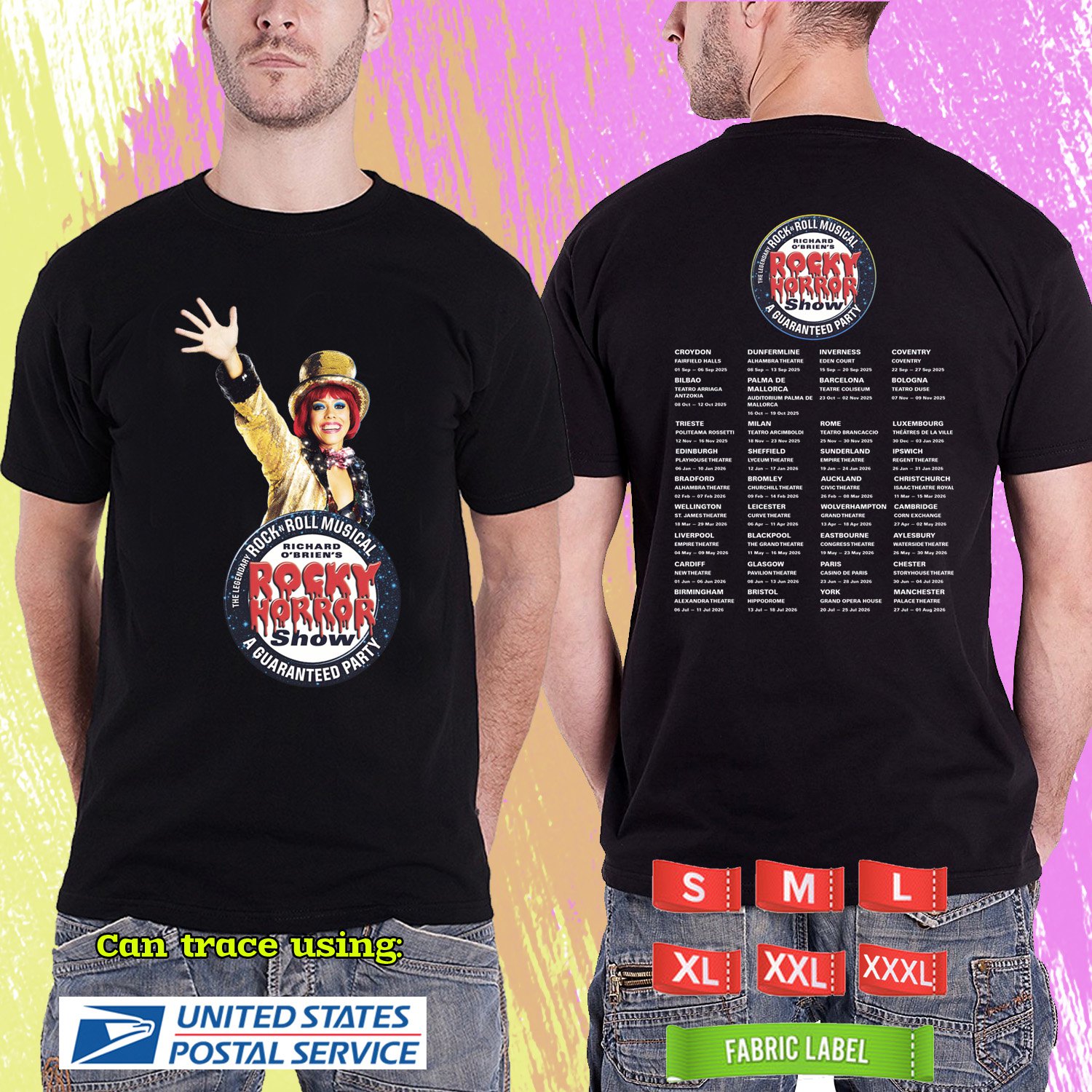 RICHARD O'BRIEN ROCKY HORROR SHOW WORLD TOUR 2025/2026. ROCKY HORROR SHOW. BLACK TSHIRT UNISEX RDF01