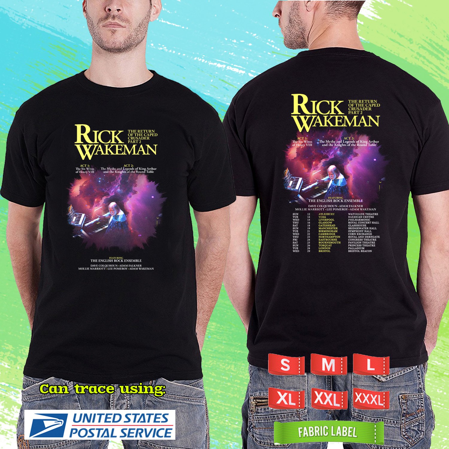 RICK WAKEMAN THE RETURN OF THE CAPED CRUSADER PT2 UK 2025. RICK WAKEMAN. BLACK TSHIRT UNISEX RDF01