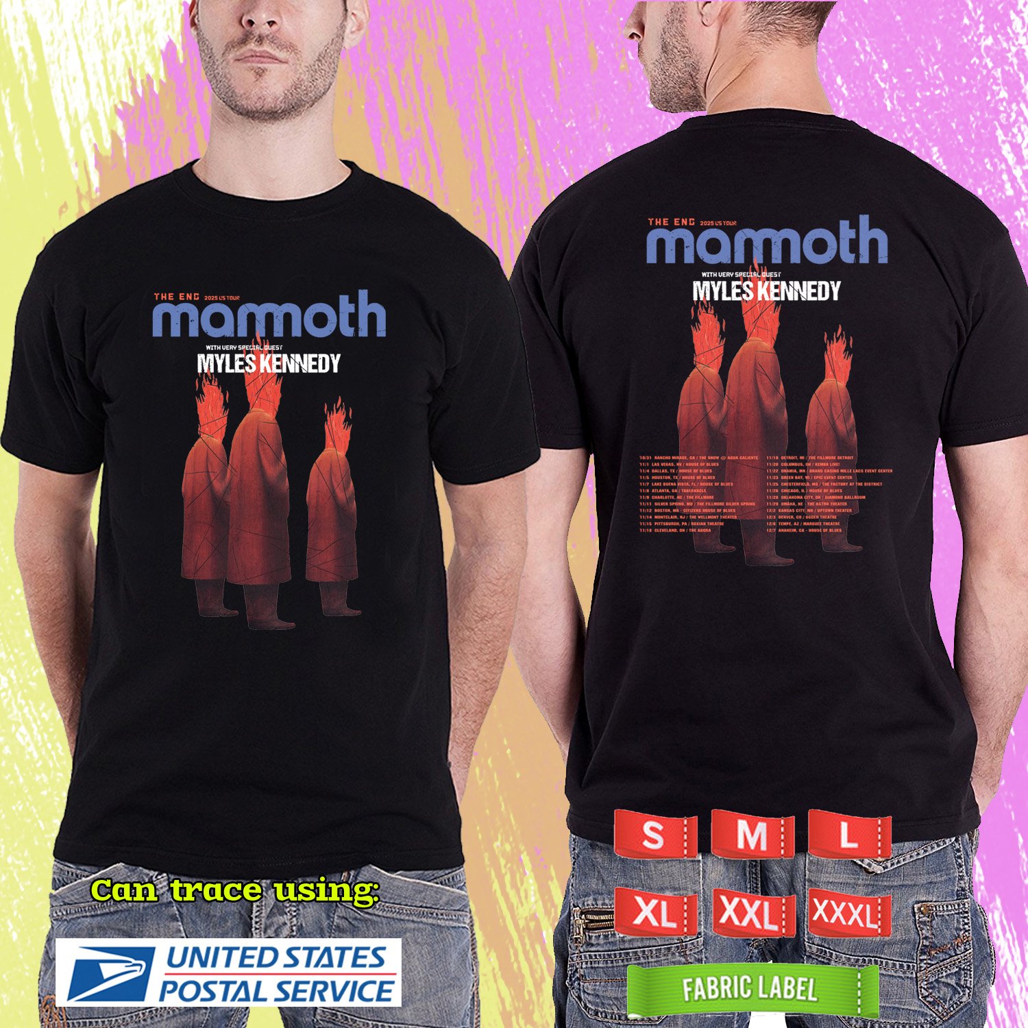 MAMMOTH WVH FEAT MYLES KENNEDY THE END TOUR 2025. MAMMOTH WVH. BLACK TSHIRT UNISEX RDF01
