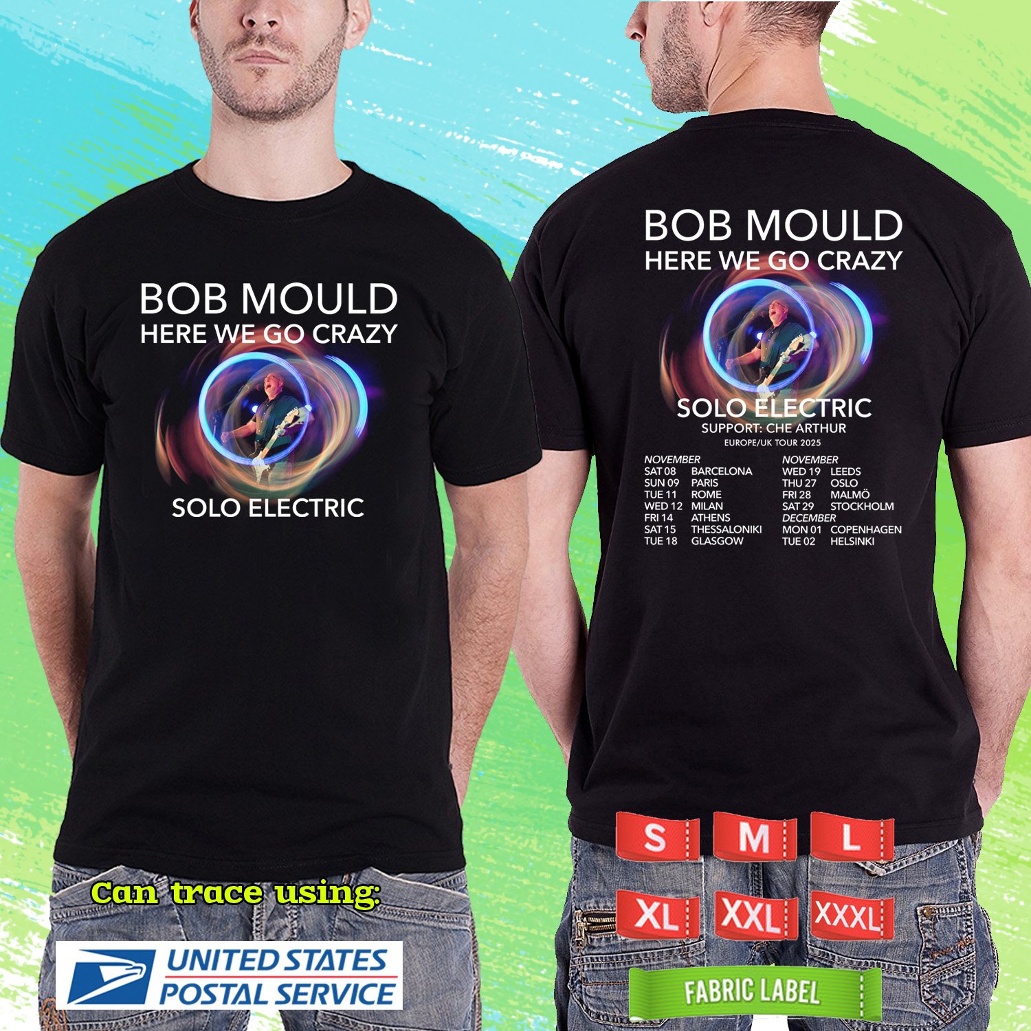 BOB MOULD HERE WE GO CRAZY SOLO ELECTRIC EUUK TOUR 2025. BOB MOULD. BLACK TSHIRT UNISEX RDF01