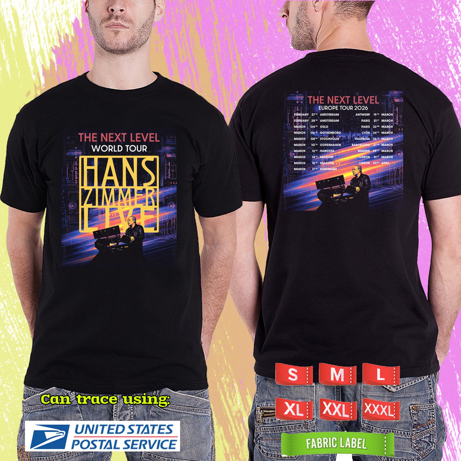 HANS ZIMMER THE NEXT LEVEL EUROPE TOUR 2026. HANS ZIMMER. BLACK TSHIRT UNISEX RDF01