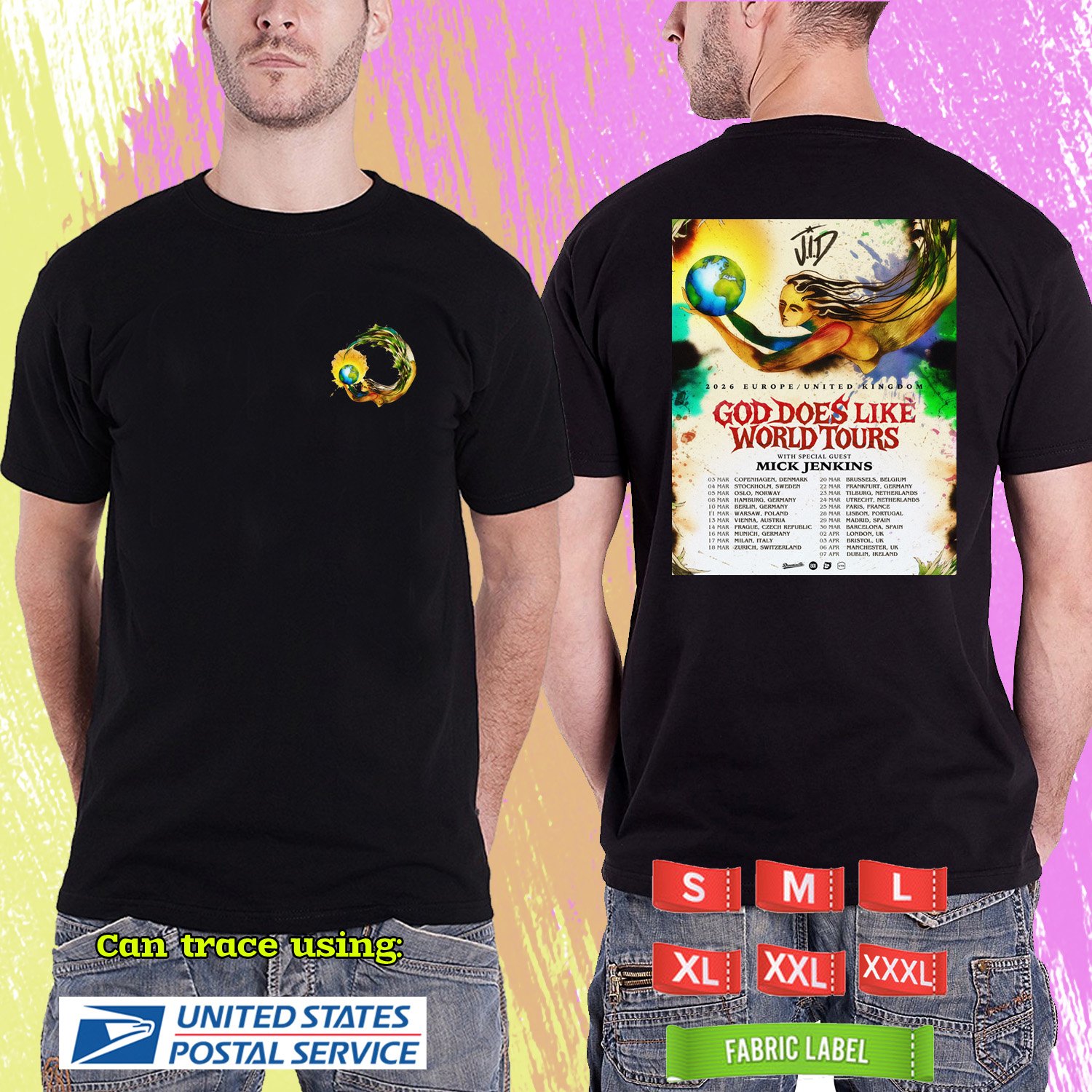 JID GOD DOES LIKE EUROPE UK TOUR 2026. JID. J.I.D TOUR. BLACK TSHIRT UNISEX RDF01