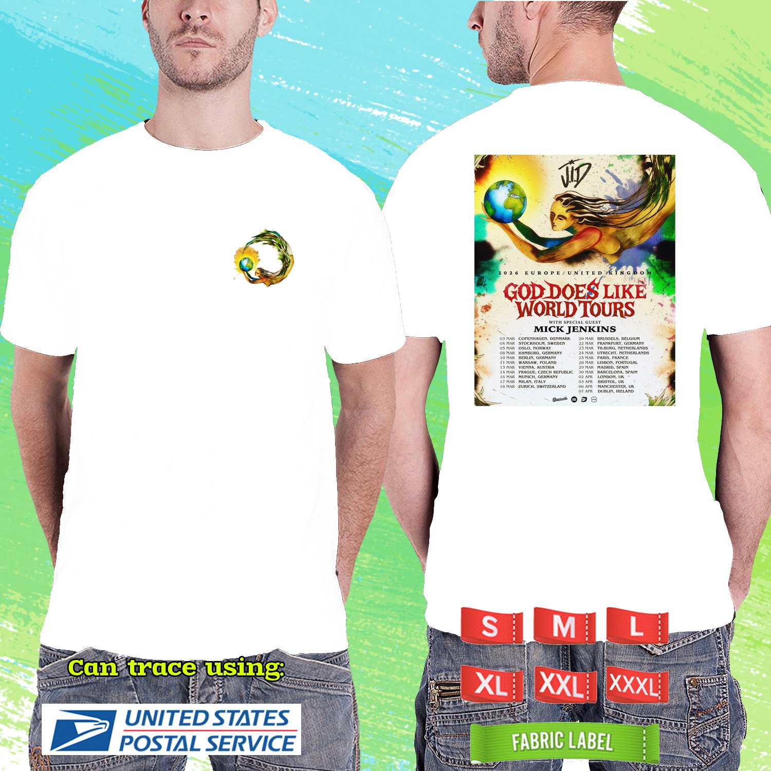 JID GOD DOES LIKE EUROPE UK TOUR 2026. JID. J.I.D TOUR. WHITE TSHIRT UNISEX RDF01