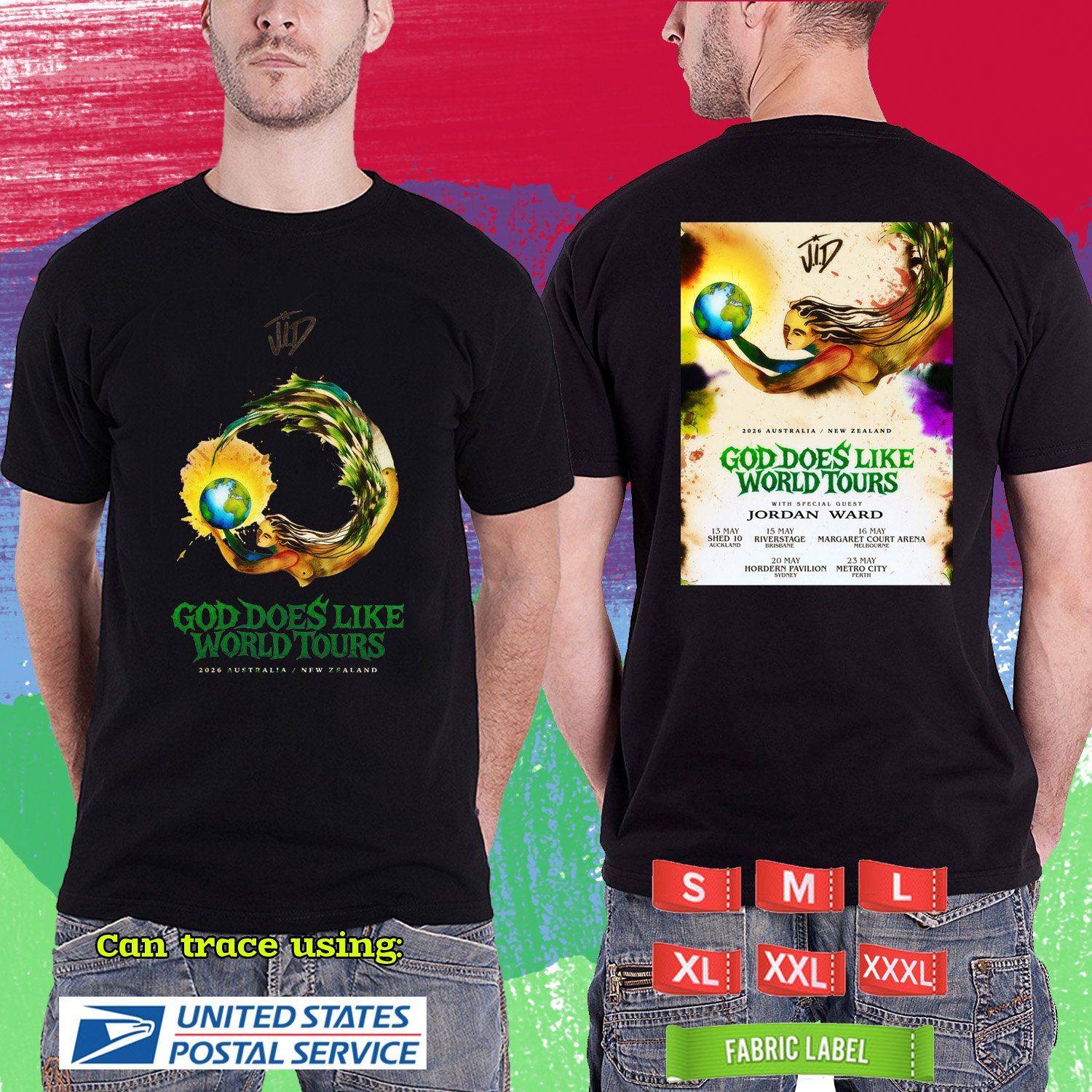 JID GOD DOES LIKE AUSTRALIA NZ TOUR 2026. JID. J.I.D TOUR. BLACK TSHIRT UNISEX RDF01