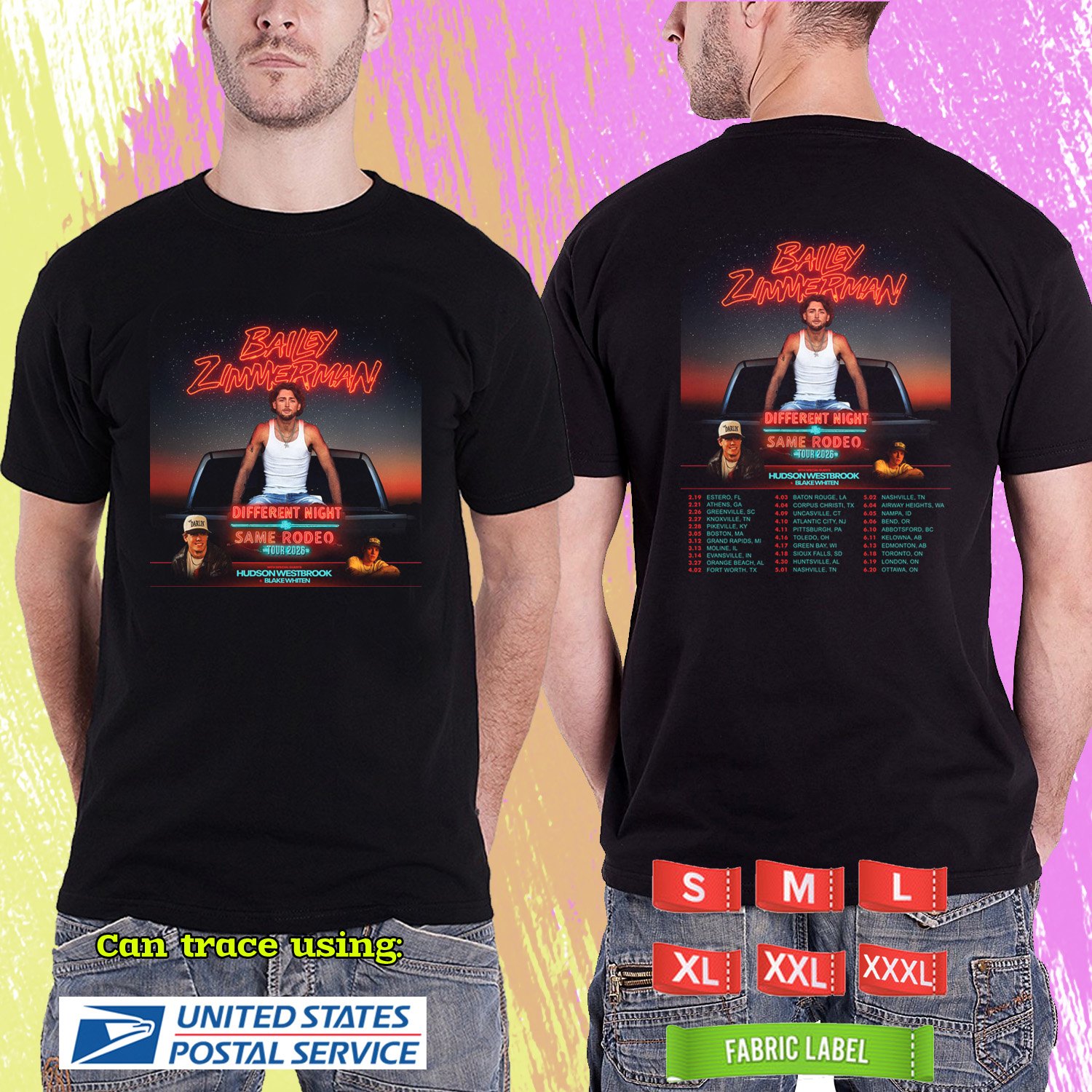 BAILEY ZIMMERMAN DIFFERENT NIGHT SAME RODEO TOUR 2026. BAILEY ZIMMERMAN. BLACK TSHIRT UNISEX RDF01
