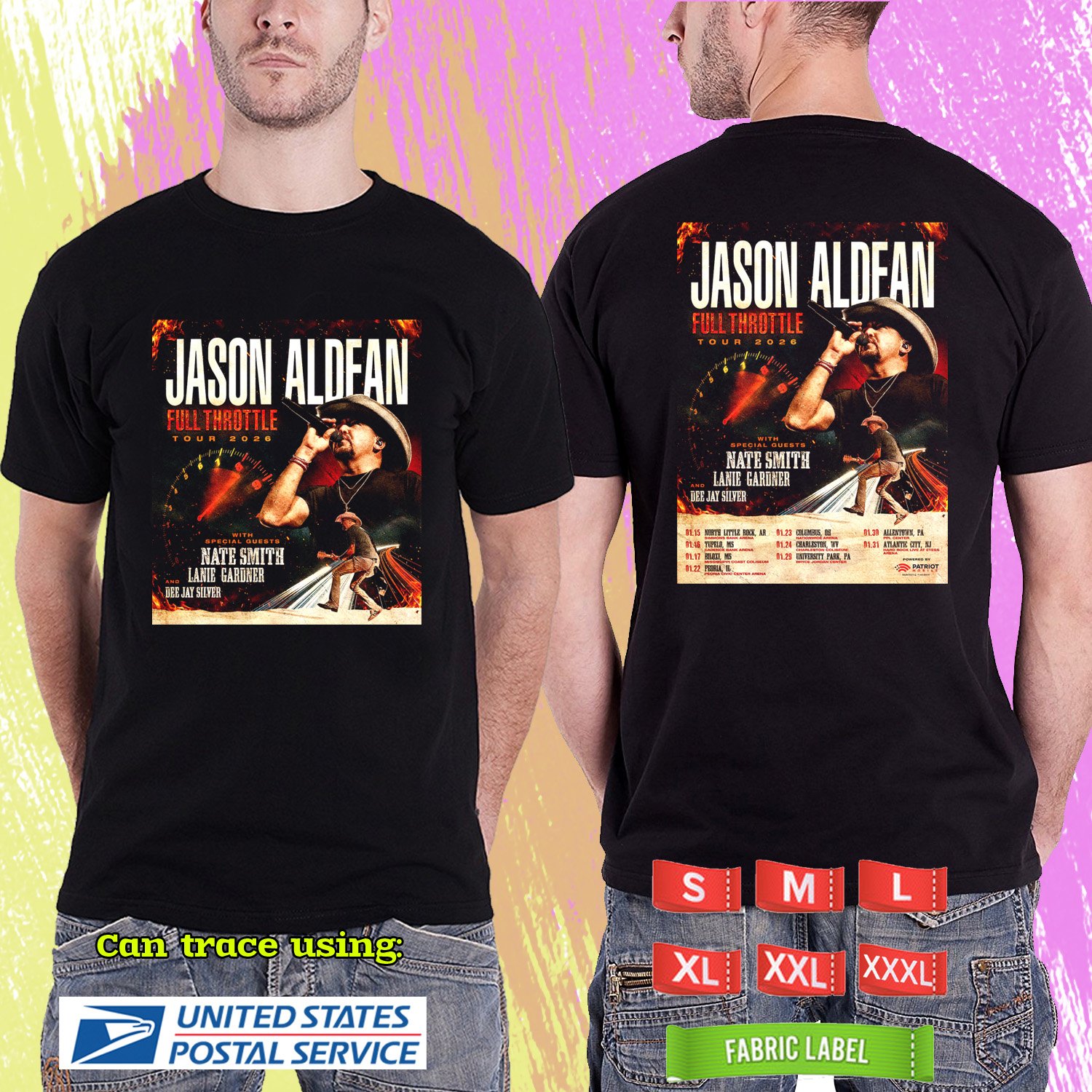 JASON ALDEAN FULL THROTTLE USA TOUR 2026. JASON ALDEAN TOUR. BLACK TSHIRT UNISEX RDF01