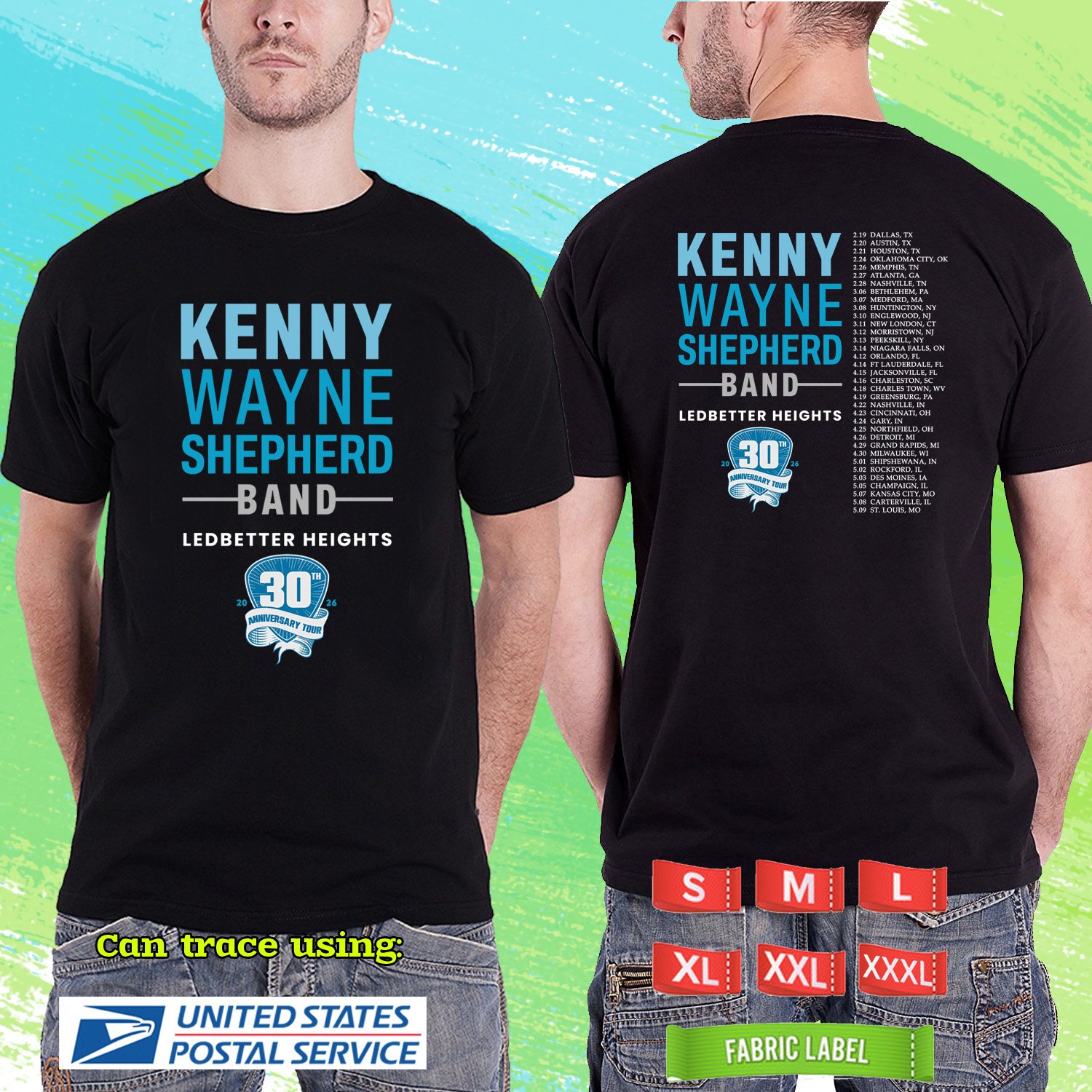 KENNY WAYNE SHEPHERD LEDBETTER HEIGHT 30TH ANNIV TOUR 2026. BLACK TSHIRT UNISEX RDF01