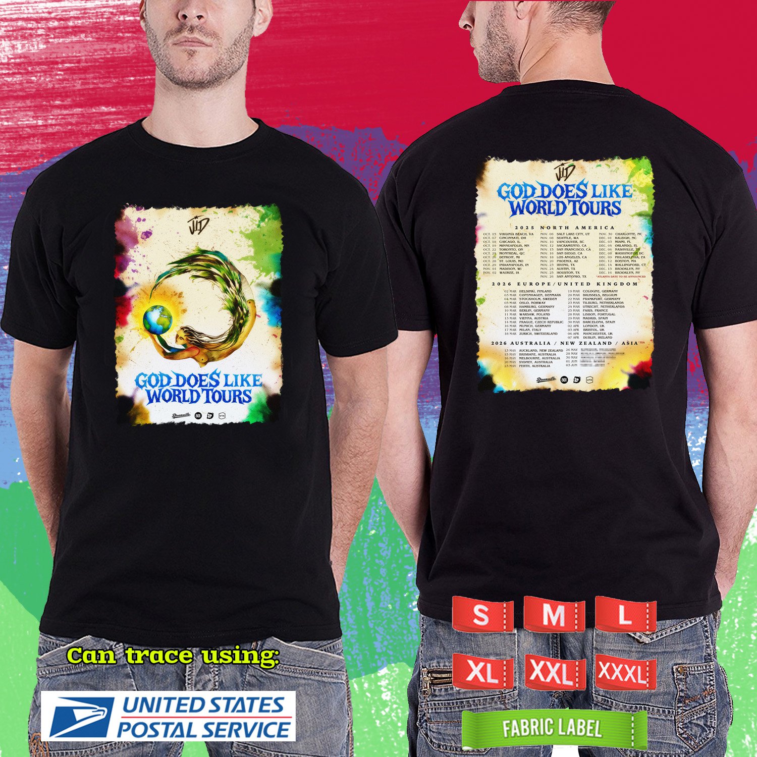JID GOD DOES LIKE WORLD TOUR 2025/2026. JID. J.I.D. BLACK TSHIRT UNISEX RDF01