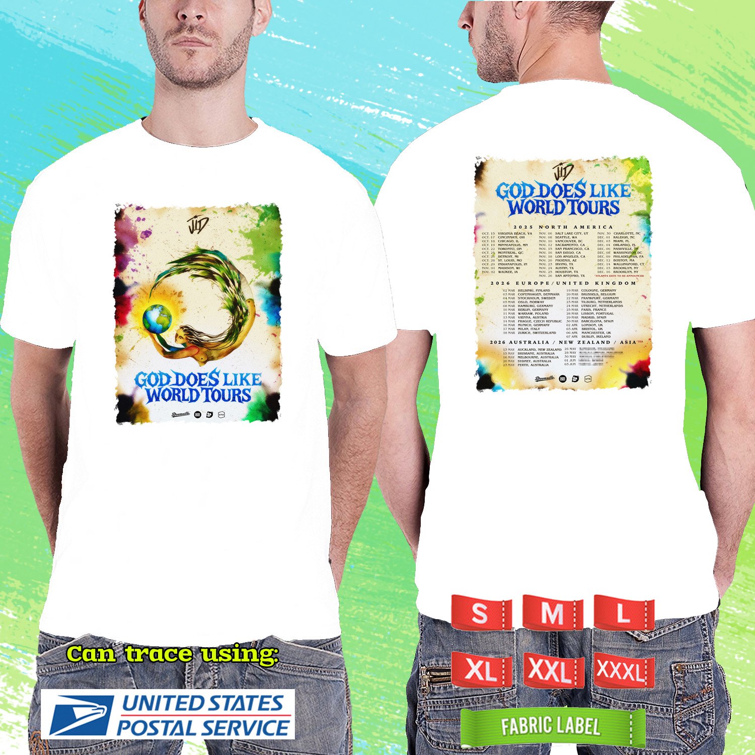 JID GOD DOES LIKE WORLD TOUR 2025/2026. JID. J.I.D. WHITE TSHIRT UNISEX RDF01