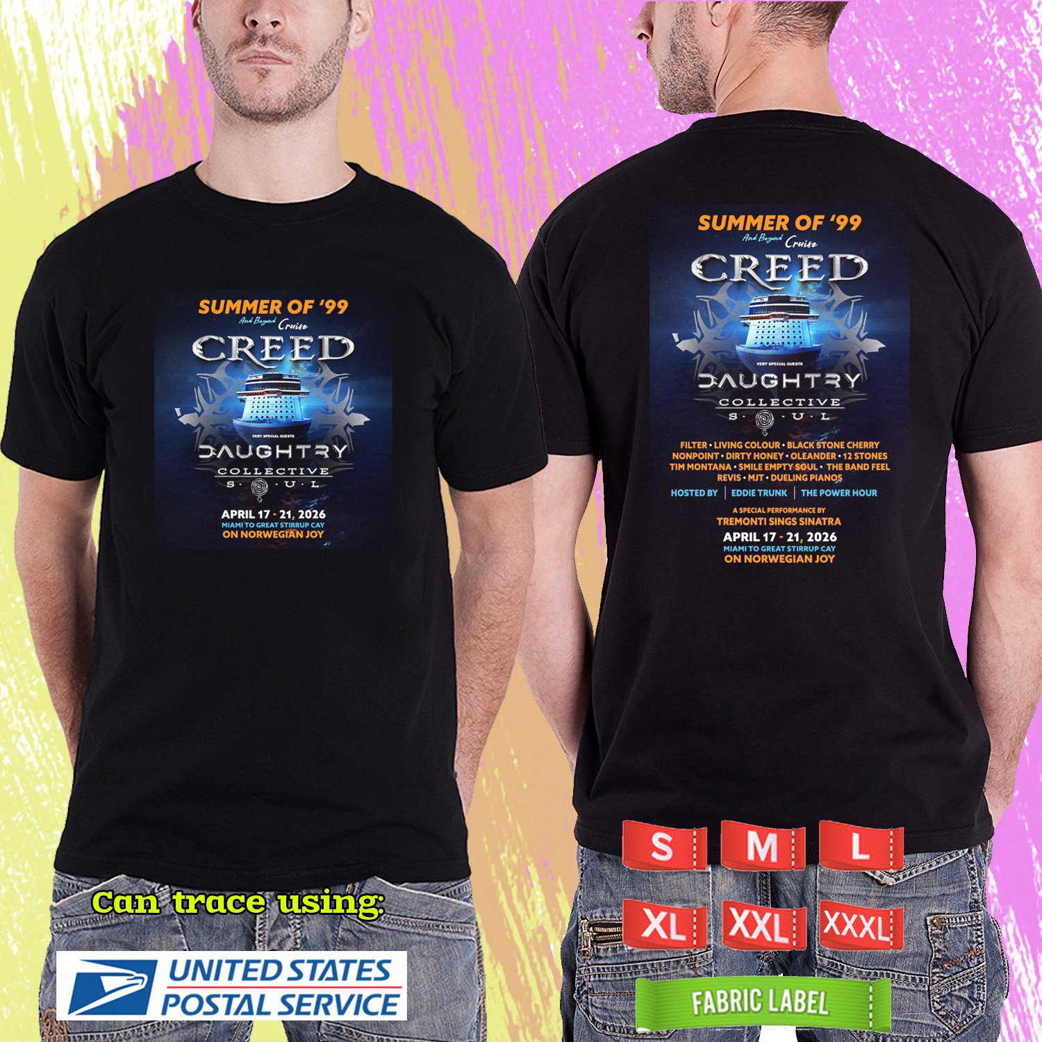 CREED SUMMER OF 99 AND BEYOND CRUISE 2026. CREED. SUMMER OF 99. BLACK TSHIRT UNISEX RDF01