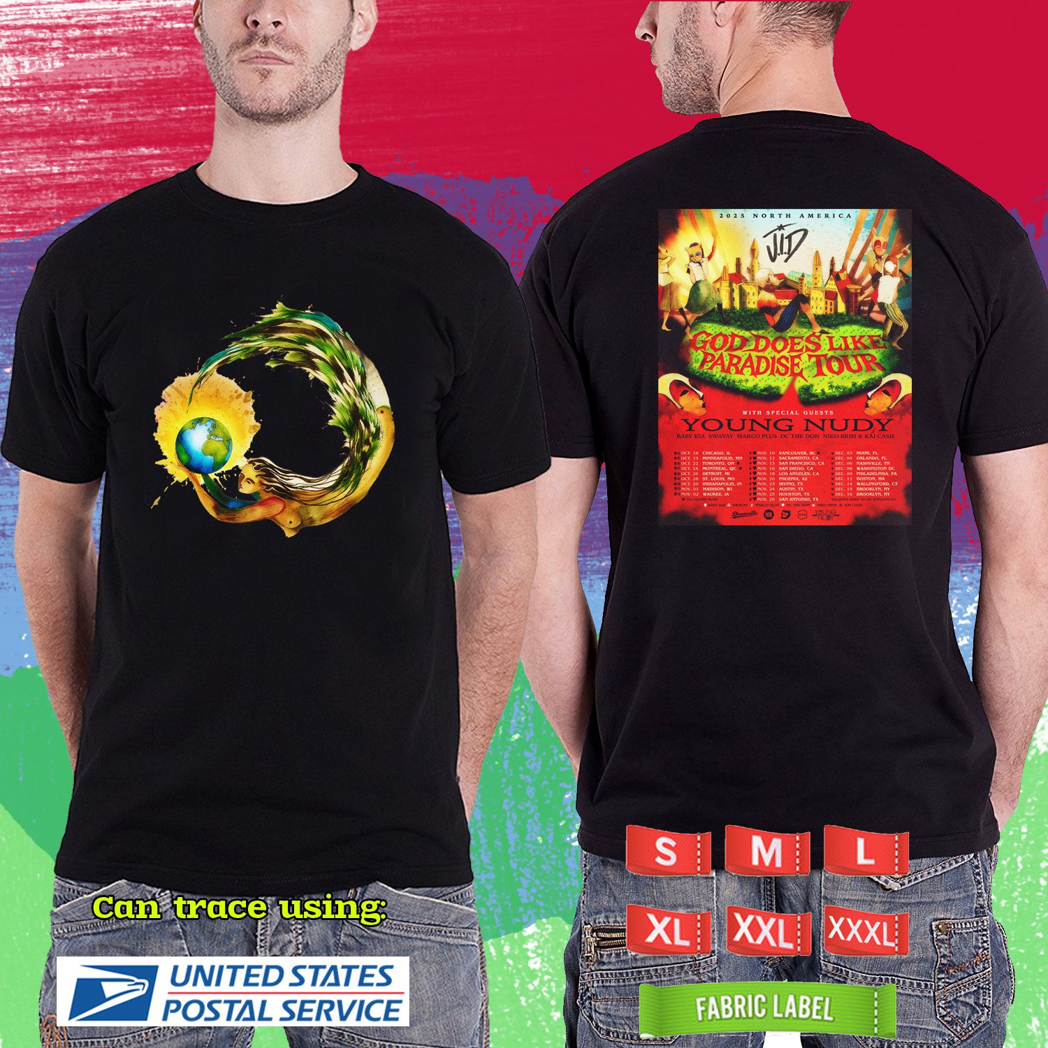 JID GOD DOES LIKE PARADISE NORTH AMERICA TOUR 2025.  JID.J.I.D TOUR. BLACK TSHIRT UNISEX RDF01