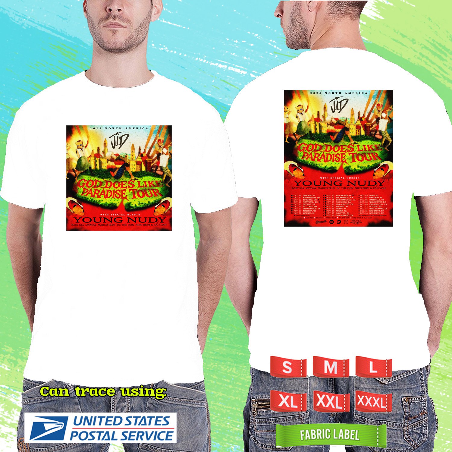 JID GOD DOES LIKE PARADISE NORTH AMERICA TOUR 2025.  JID.J.I.D TOUR. WHITE TSHIRT UNISEX RDF01