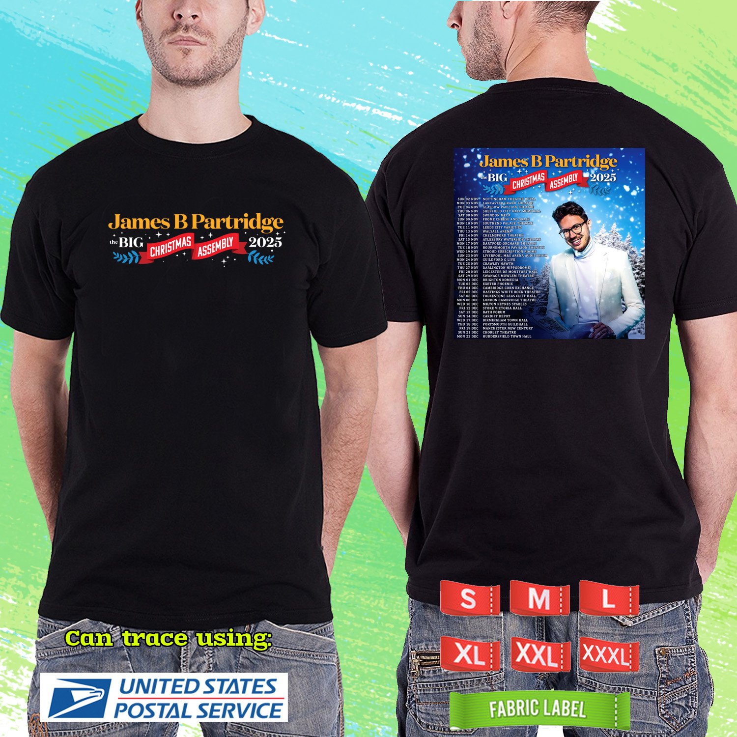 JAMES B PARTRIDGE BIG CHRISTMAS ASSEMBLY UK TOUR 2025. JAMES B PARTRIDGE. BLACK TSHIRT UNISEX RDF01