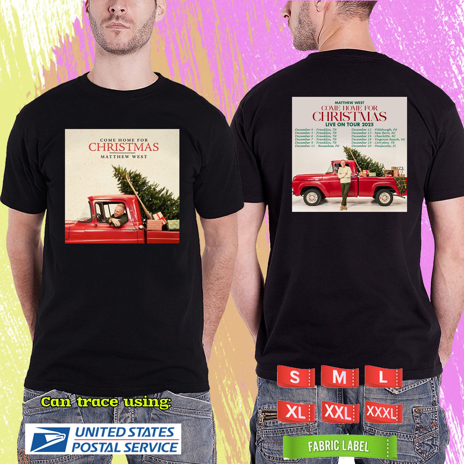MATTHEW WEST COME HOME FOR CHRISTMAS TOUR 2025. MATTHEW WEST. BLACK TSHIRT UNISEX RDF01