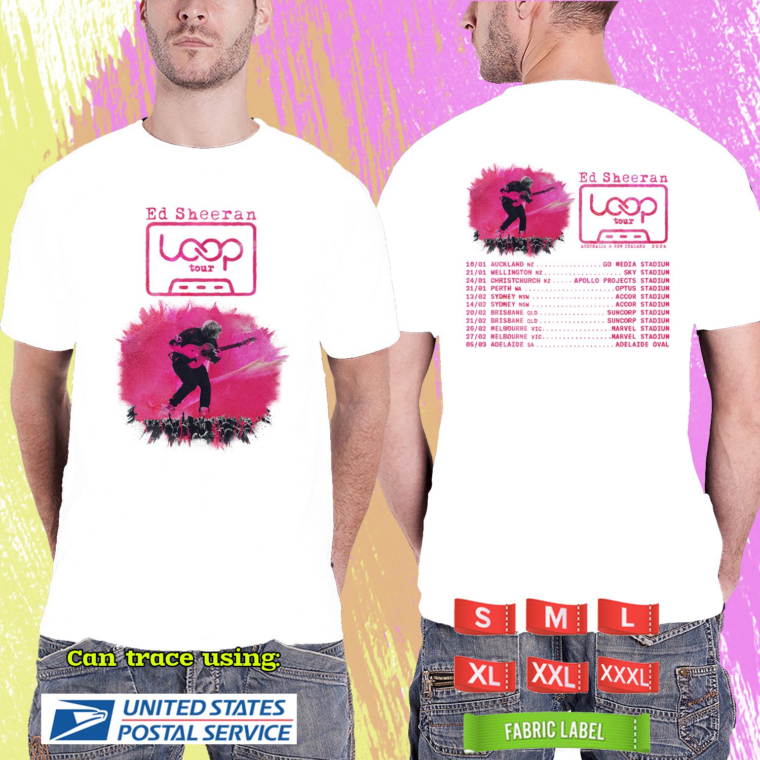 ED SHEERAN LOOP WORLD AT AUSTRALIA TOUR 2026. ED SHEERAN TOUR. WHITE TSHIRT UNISEX RDF01