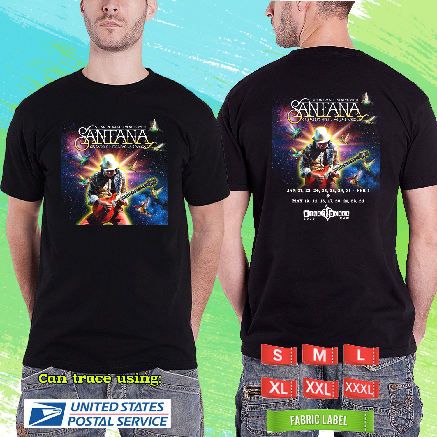 SANTANA GREATEST HITS LIVE AT LAS VEGAS 2026. SANTANA TOUR. BLACK TSHIRT UNISEX RDF01