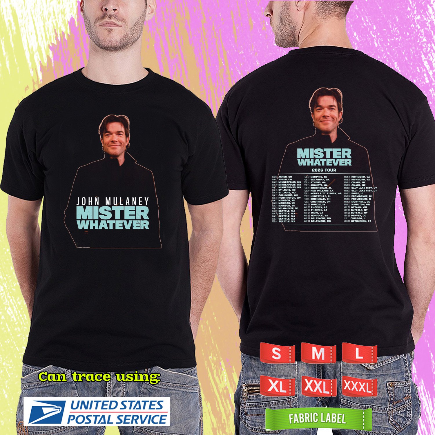 JOHN MULANEY MISTER WHATEVER TOUR 2026. JOHN MULANEY TOUR. BLACK TSHIRT UNISEX RDF01
