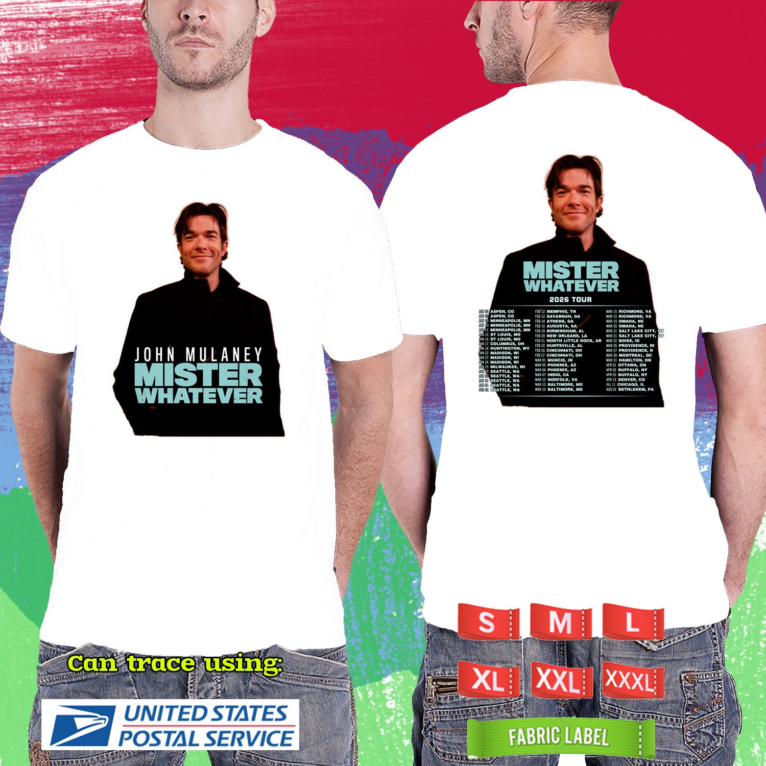JOHN MULANEY MISTER WHATEVER TOUR 2026. JOHN MULANEY TOUR. WHITE TSHIRT UNISEX RDF01