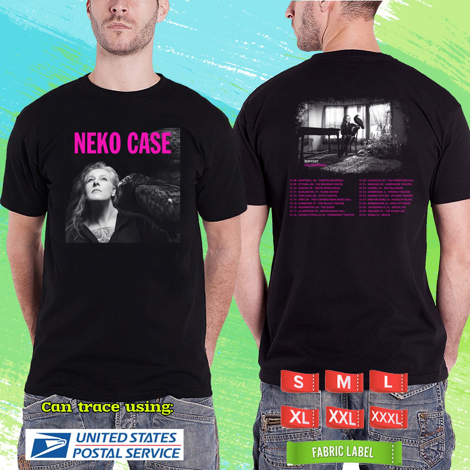 NEKO CASE WITH DES DEMONAS TOUR 2026. NEKO CASE. BLACK TSHIRT UNISEX RDF01