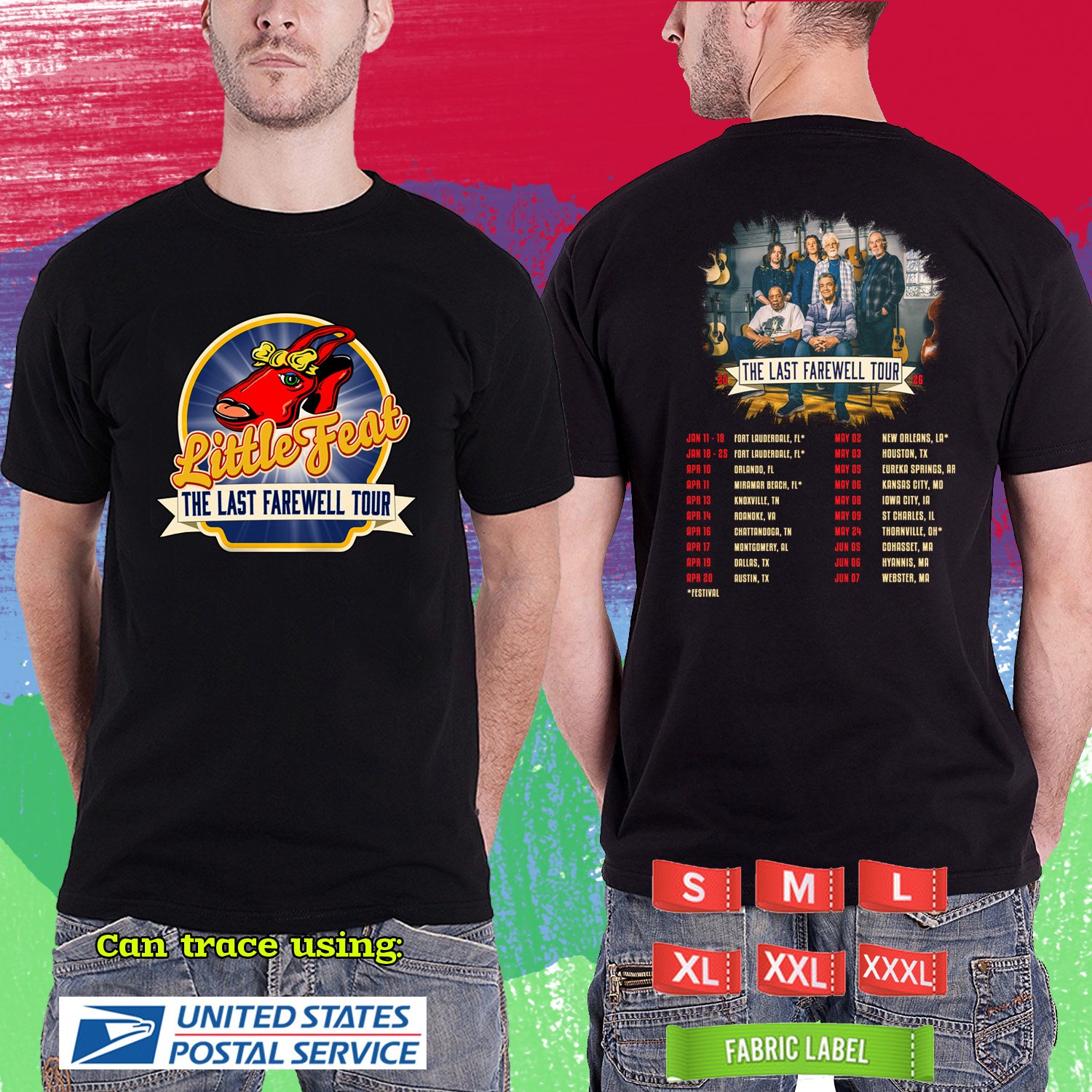 LITTLE FEAT THE LAST FAREWELL USA TOUR 2026. LITTLE FEAT. BLACK TSHIRT UNISEX RDF01