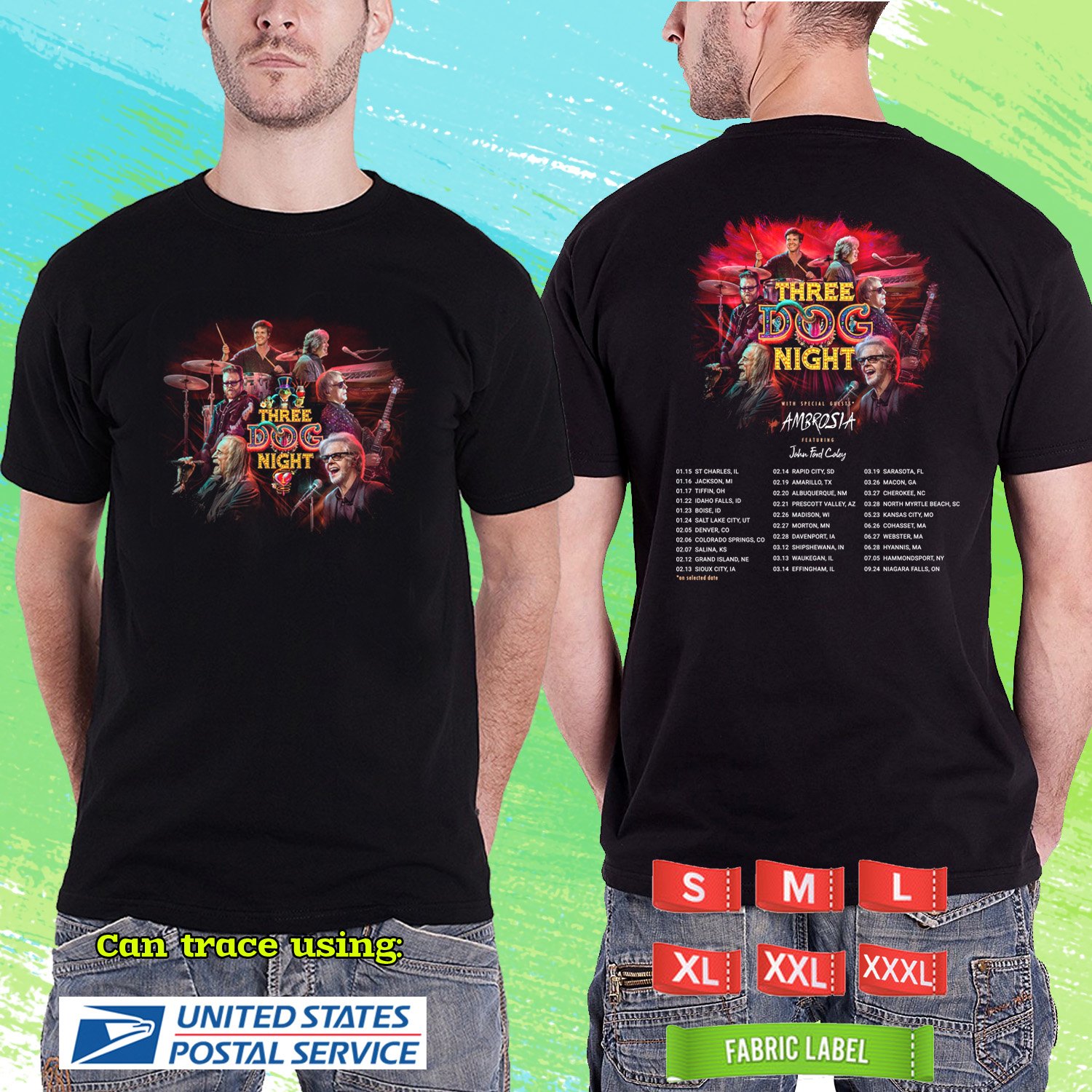 THREE DOG NIGHT US TOUR 2026. THREE DOG NIGHT. BLACK TSHIRT UNISEX RDF01